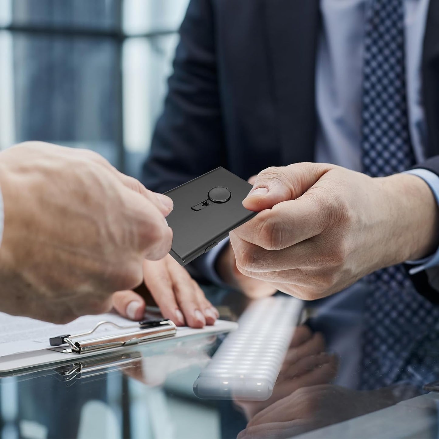 PATIKIL 2 Pcs Business Card Holder, Thumb Drive Business Card Holder Portable Business Card Holders Alloy Slide Out Card Case for Business Meeting, Blue