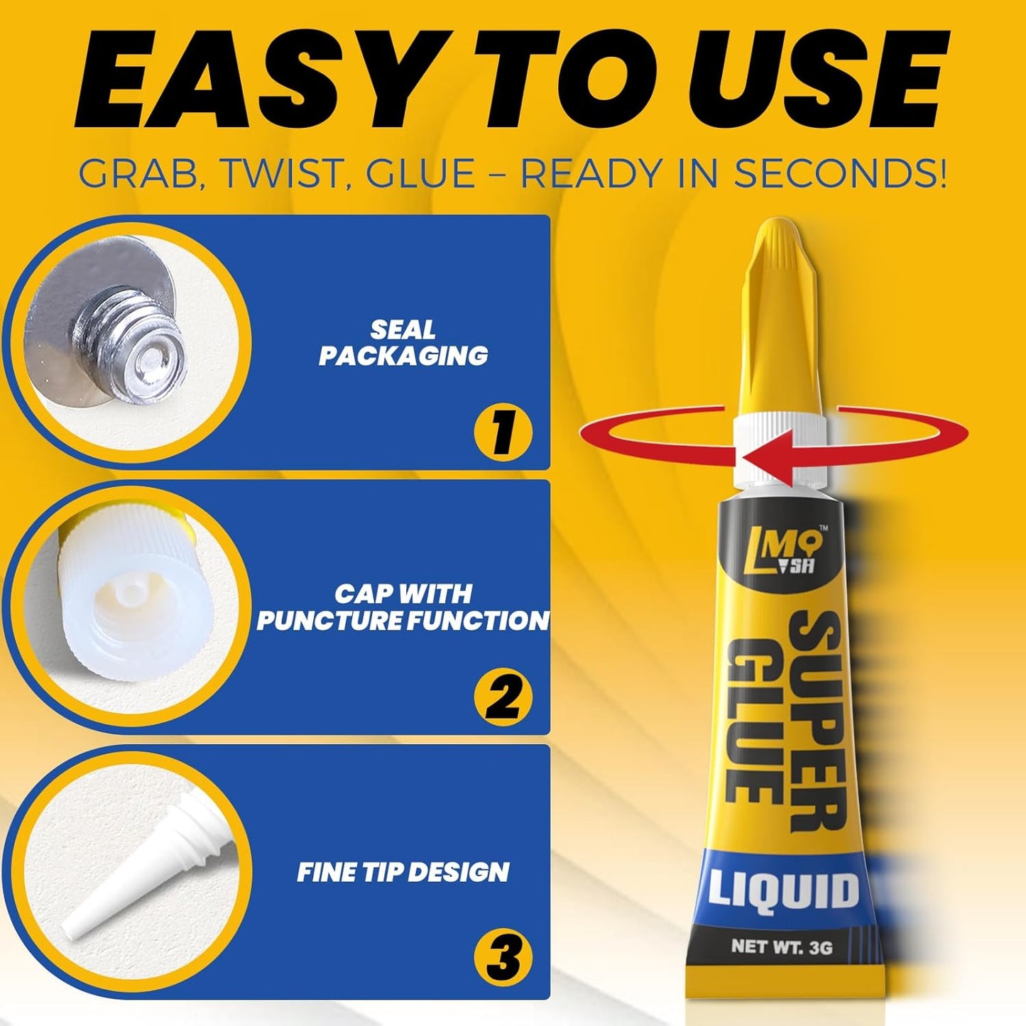 Super Glue 6x3g Liquid CA Glue, Clear Cyanoacrylate Adhesive Single Use for Shoe Sole Repair Ceramic Plastic Model Metal Wood Aquarium Leather Pottery Glass, Food Safe Strong and Instant Bonding