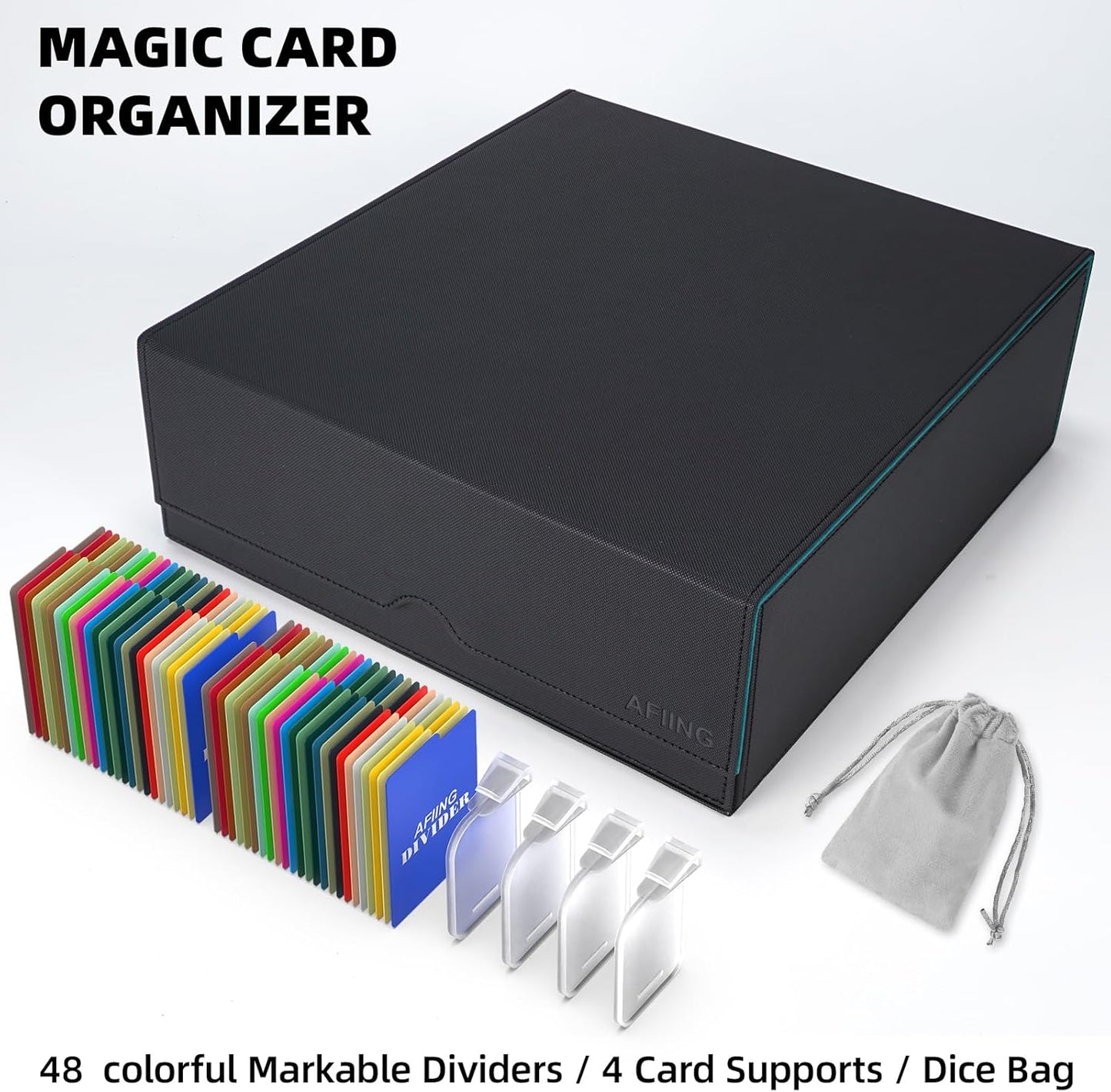 AFIING 4-Row Trading Card Storage Box – Holds 3200+ Cards, 48 Dividers & 4 Stoppers, Card Deck Box for MTG TCG Sports Cards – Includes 1 Dice Bag(Black Cyan)