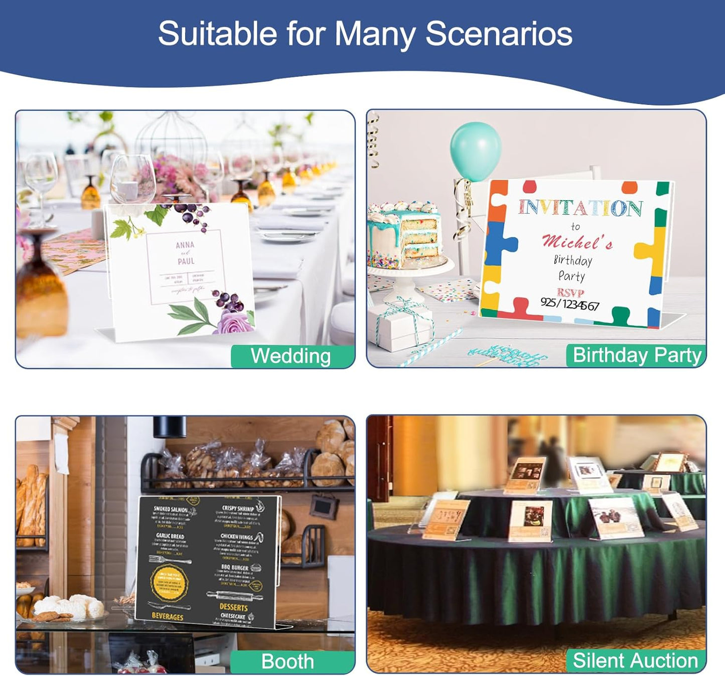 Slanted Back Acrylic Sign Holder 8.5 x 11 Horizontal, Clear Tabletop Stands for Display 11 x 8.5, Plastic Paper Holders for Office, Home, Restaurant (6 Pack)