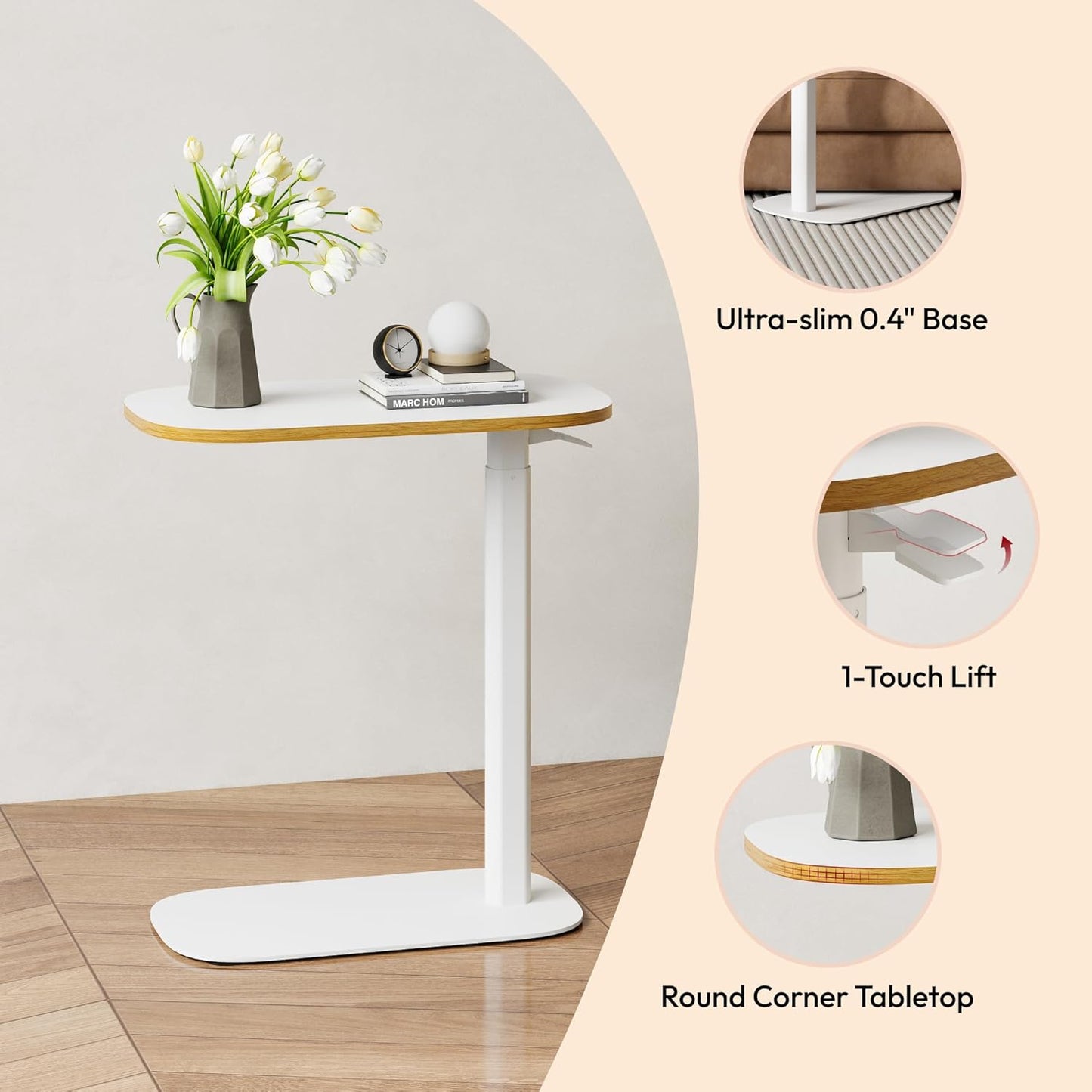 SANODESK Small Standing Desk Pneumatic Height Adjustable Small Sit Stand Desk Laptop Desk Overbed Table Computer Cart for Home Office Computer Workstations(23.6" W x 13.8" D,White+Maple Band)