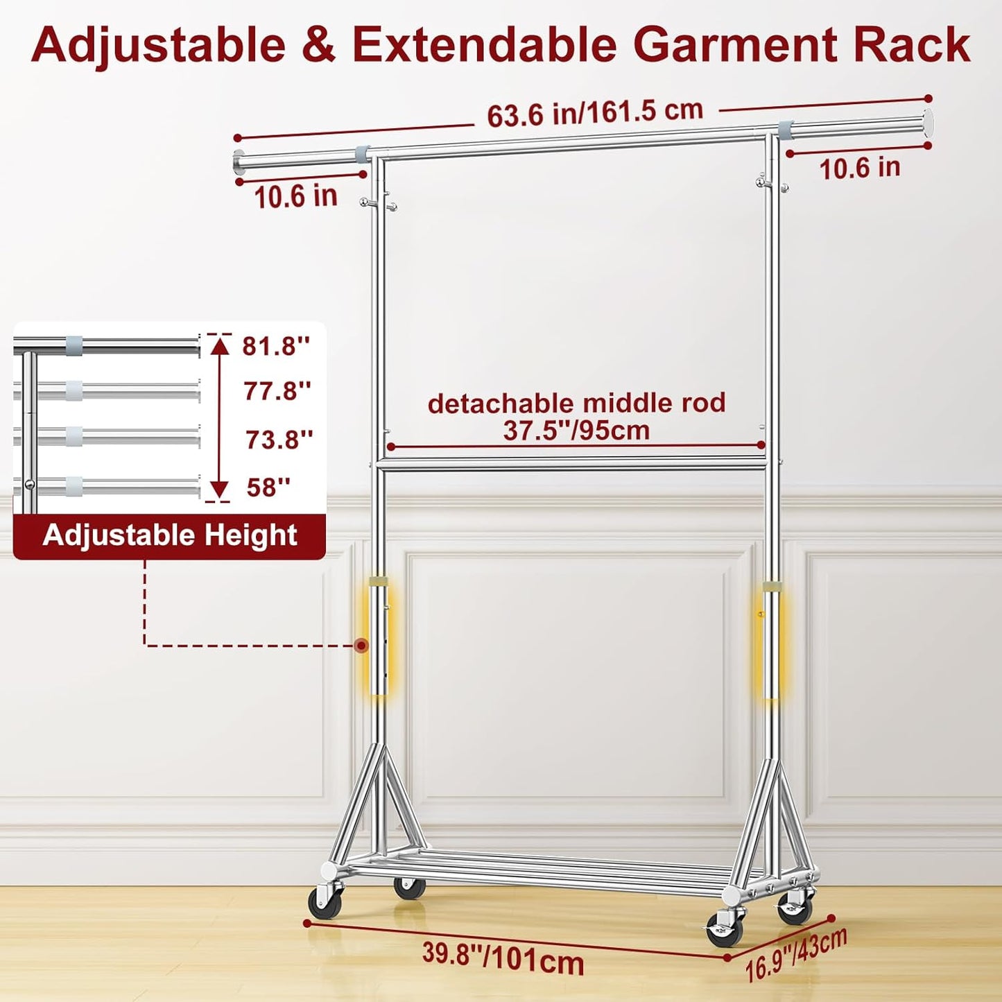 100% Stainless Steel Heavy Duty Clothes Rack Load 860LBS, Rolling Double Rods Clothing Racks for Hanging Clothes, Adjustbale Garment Rack With Sturdy Wheels Shelf, Portable Closet Rack Free Standing