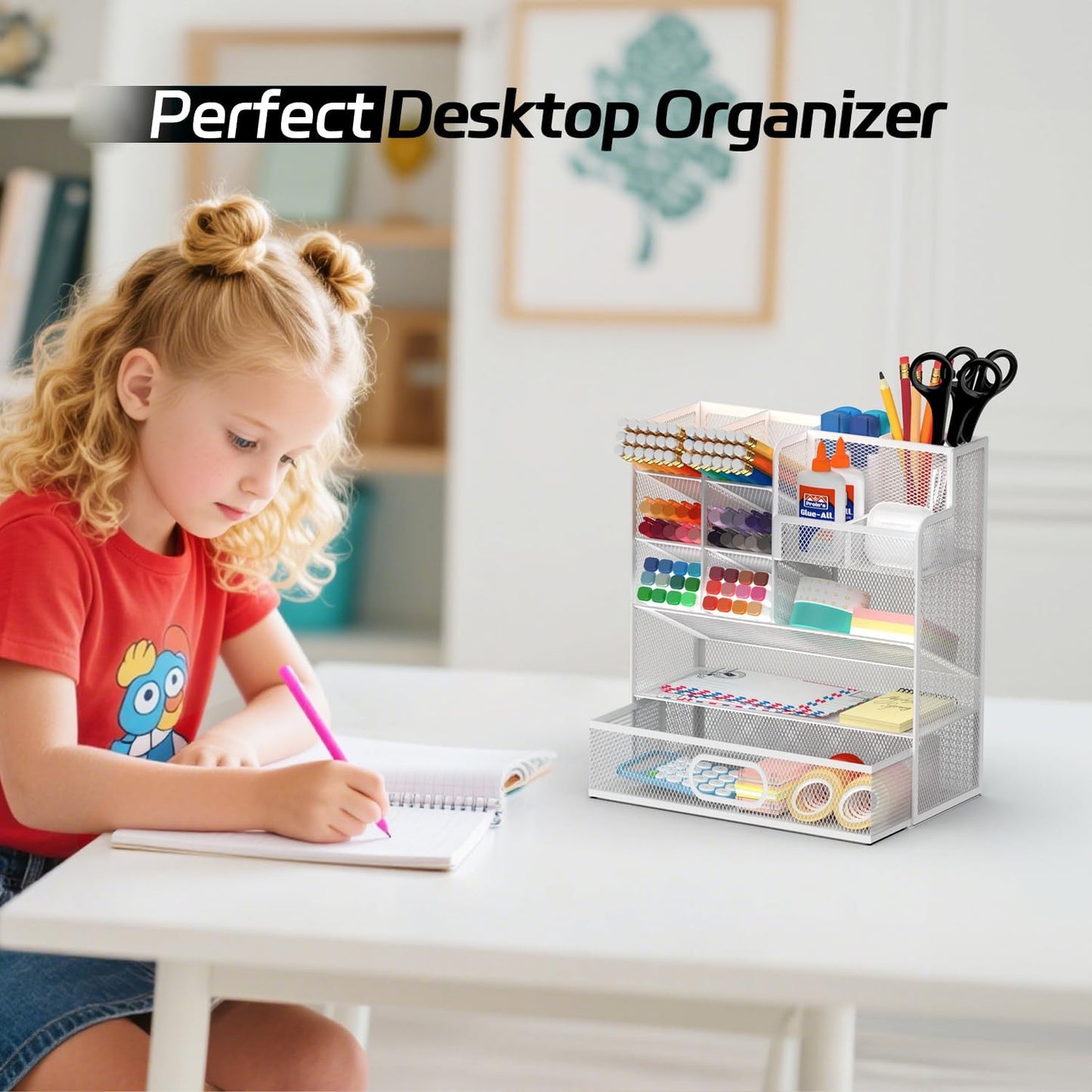 Mesh Pen Organizer for Desk, Multi-Functional Pencil Holder with Drawer Desk Organizers, Large Capacity Storage for School Office Home Supplies (White)