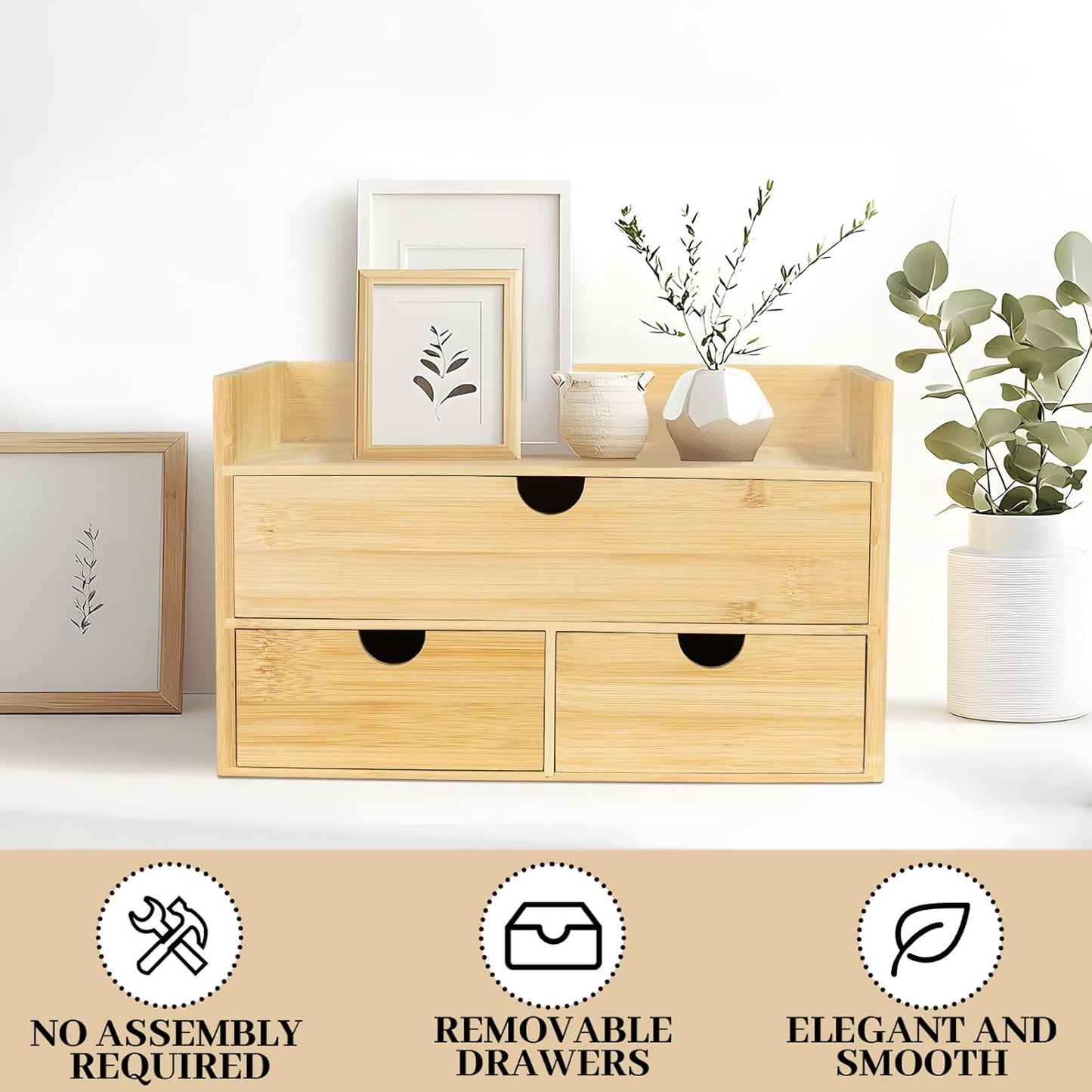 Bamboo Desk Organizer, Desktop Organizer with 3 Drawer, Tabletop Storage Organization Box for Bills, Countertop, Home Office Supplies