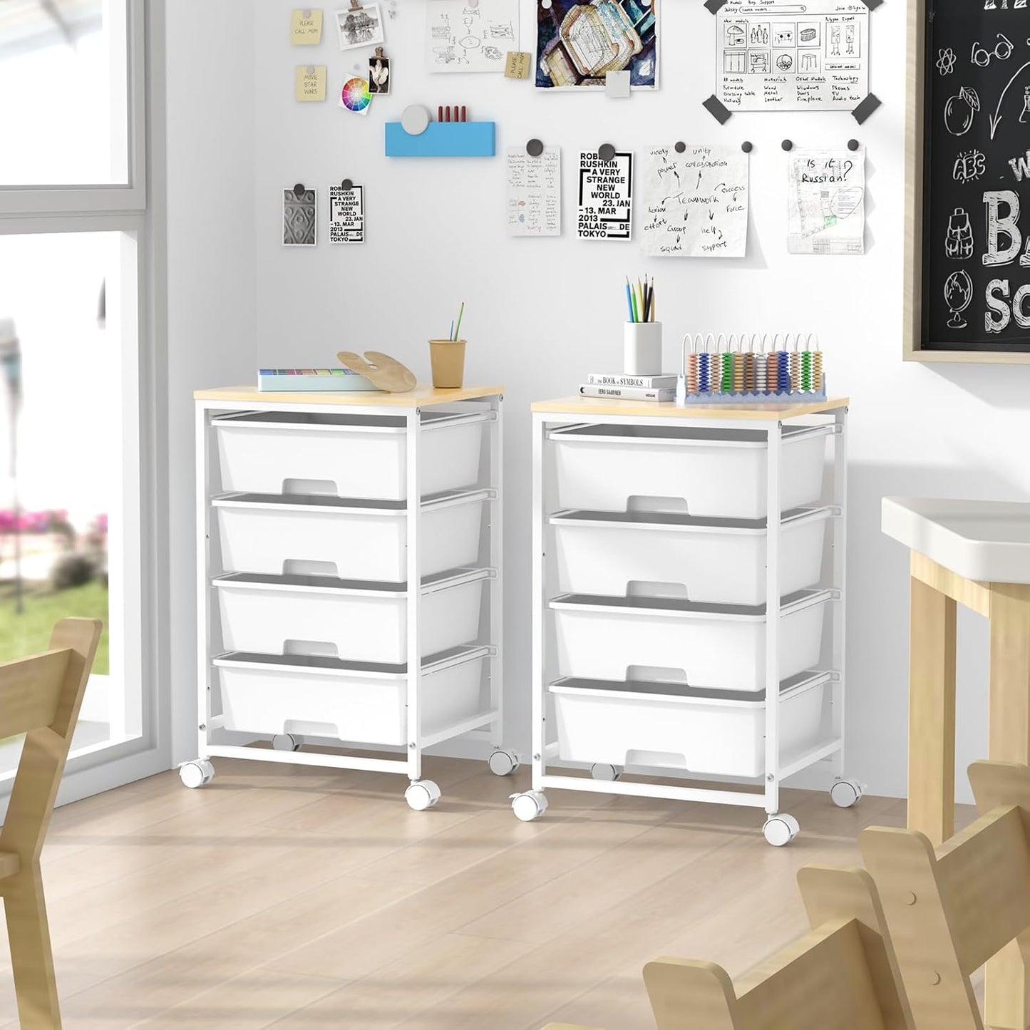 Utility Cart with 4 Drawers, Multipurpose Rolling Storage Cart with 4 Drawers and 2 Lockable Wheels, 4-Tier Rolling Storage Cart Organizer for Home Office Dorm, Bright White