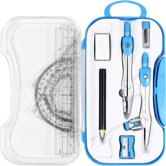 10 Pieces Math Geometry Kit Set Student Supplies with Shatterproof Storage Box,Includes Rulers,Protractor,Compass,Eraser,Pencil Sharpener,Lead Refills,Pencil,for School and Drawings(Blue)