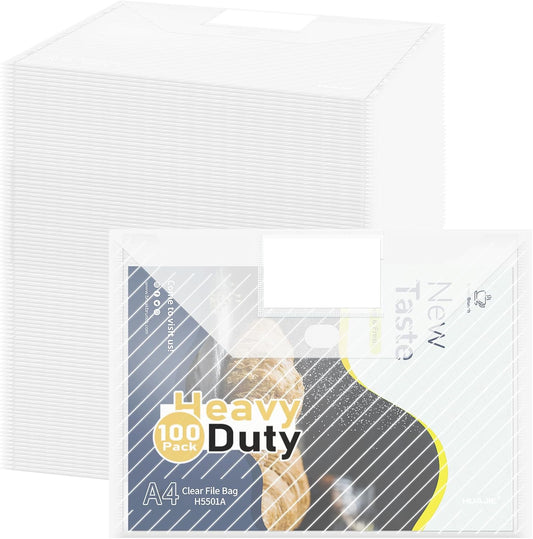 100 Pack, Clear Plastic Envelopes File Folders, HeavyDuty Document Holder with Label Pockets for Letter and A4 Size, Document Folder for School Home Work Office Organizer (100)