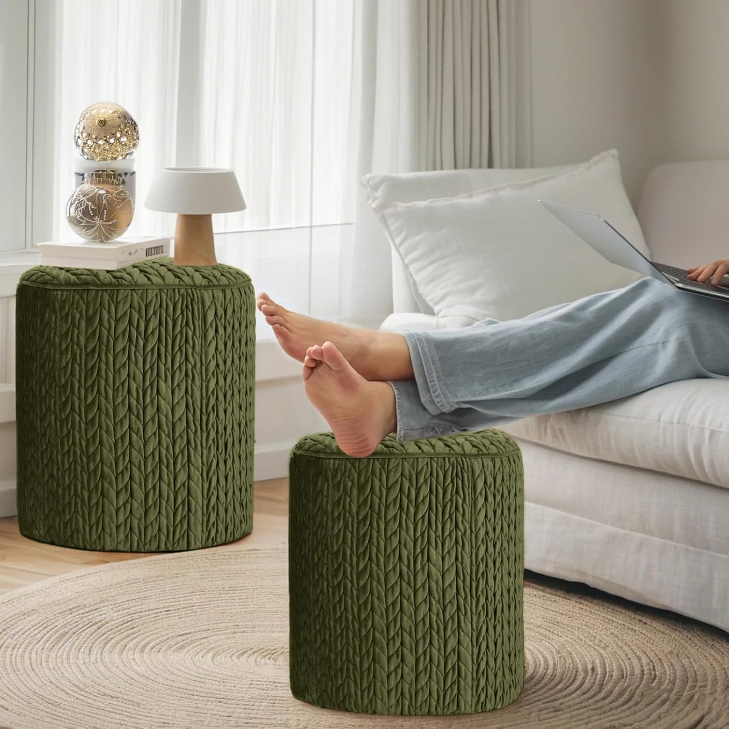 Modern Round Ottoman, Braided-Tufted Foot Stool Ottoman, Velvet Upholstered Vanity Stool for Makeup, Bedroom, Living Room, Dark Green