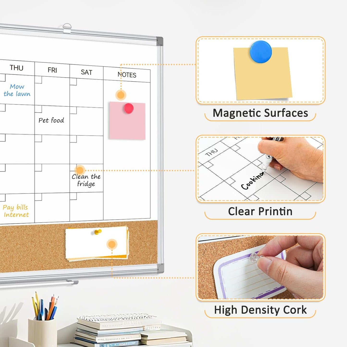 Large Dry Erase Calendar for Wall, 36"x24" Double-Sided Magnetic Whiteboard Calendar with Cork Board, Aluminum Frame Monthly White Board Memo Message Board for Office, Home, School, Kitchen