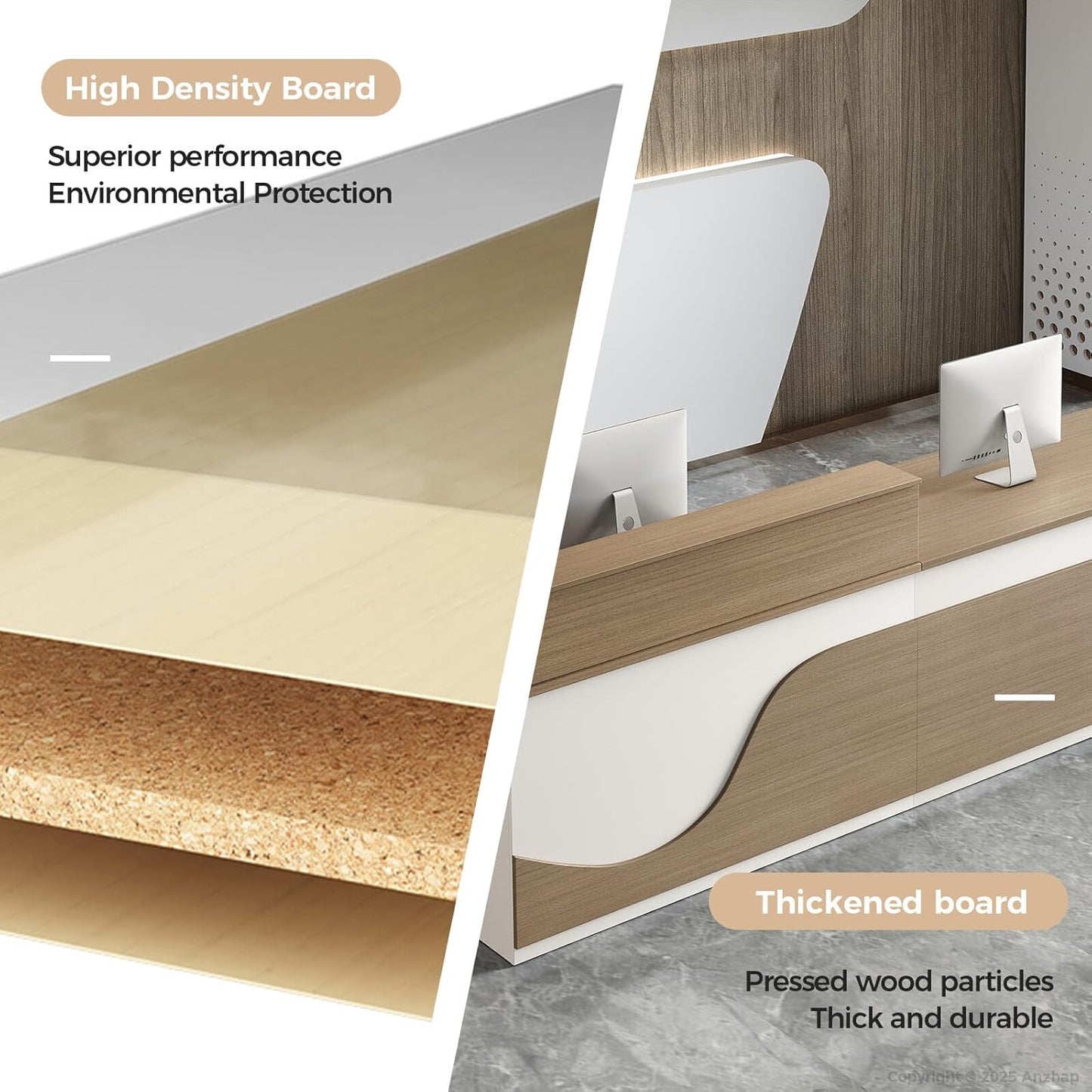 Modern Reception Desk โ L Shaped Front Desk Checkout Counter with Drawers, Storage Cabinet and Double-layer tabletop for Office, Salon, Lobby, Cashier (White+Natural/Right, 79"L * 24"W * 39"H)