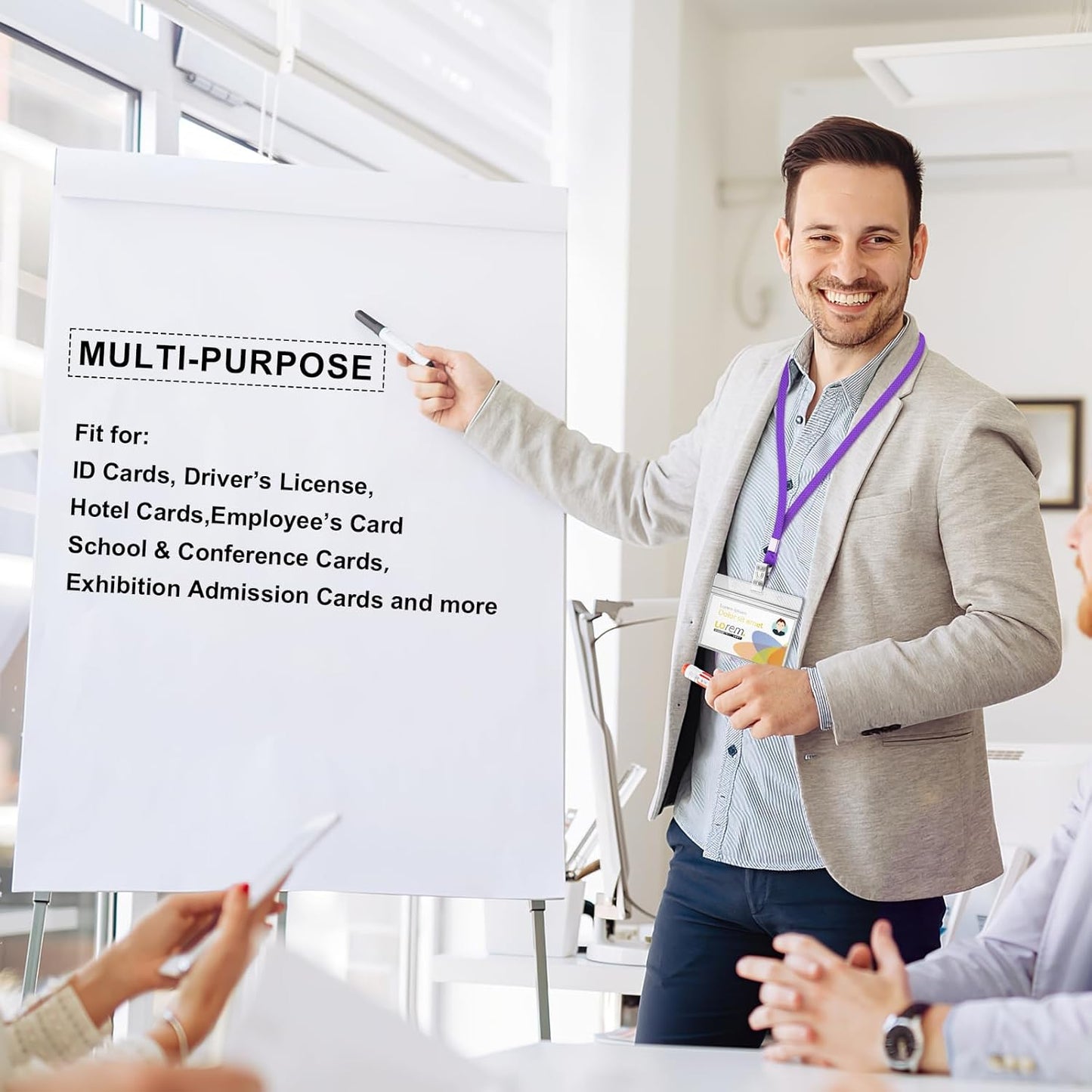 100Pcs Lanyards for ID Badges and 100 Pcs Clear Plastic Horizontal Name Badge ID Card Holders, Flat Neck Lanyards with Clip Waterproof Resealable Name Tag Badge ID Card Holders (Purple)