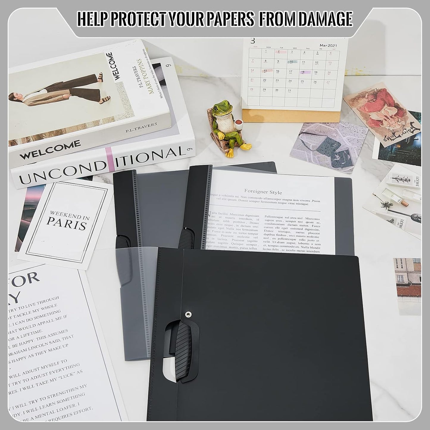 Teling 48 Pcs Report Covers with Sliding Bar Clear Plastic Presentation Folders 9.4 x 11.8 Inches Paper Binder Pocket Folder for Back to School Classroom Business Files Document Office (Black)