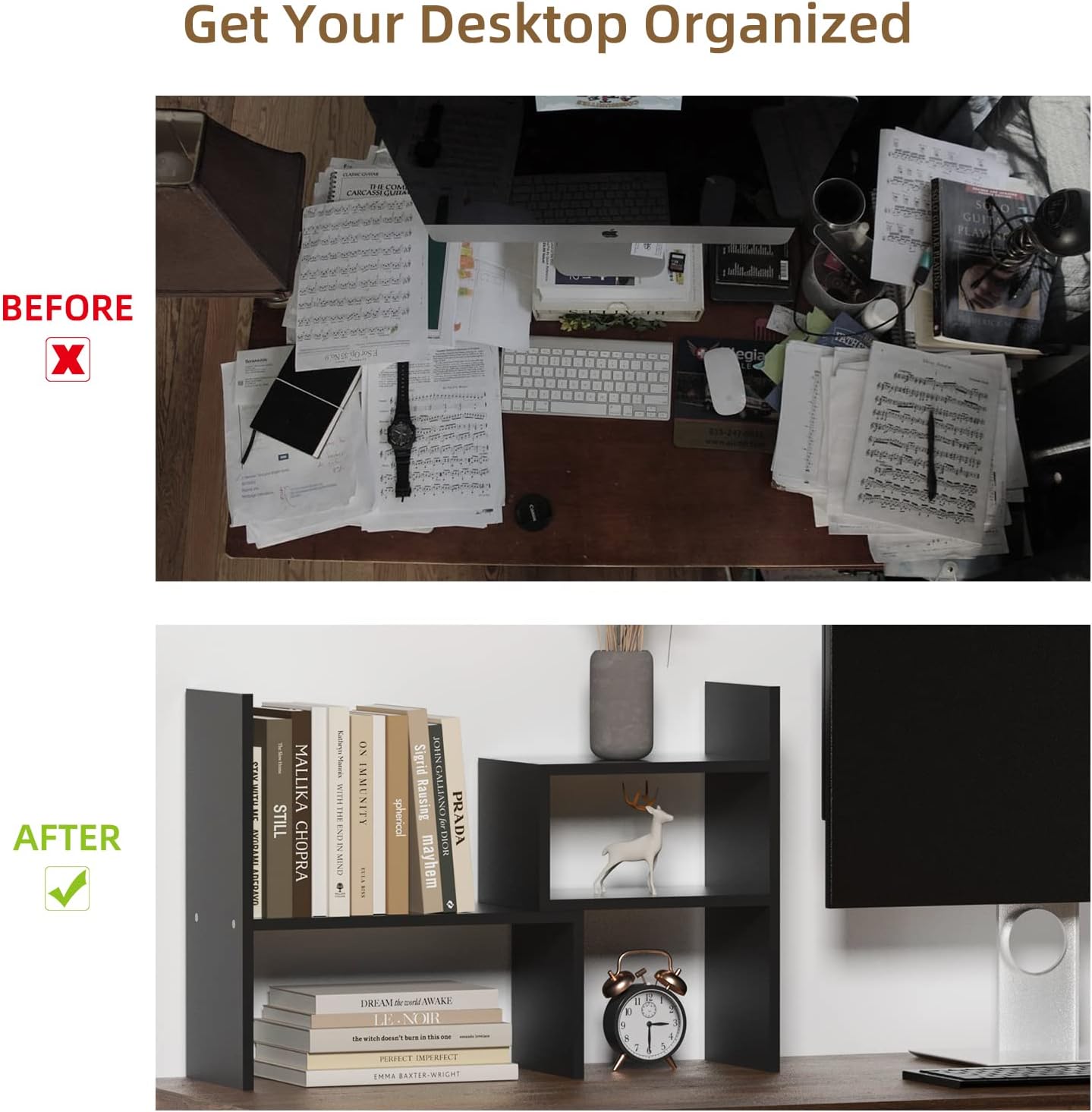 TY ARTS & CULTURE - Expandable Wood Desktop Storage Organizer Multipurpose Desk Bookshelf Case Display Shelf Rack Counter Top Bookcase for Office Home | Black