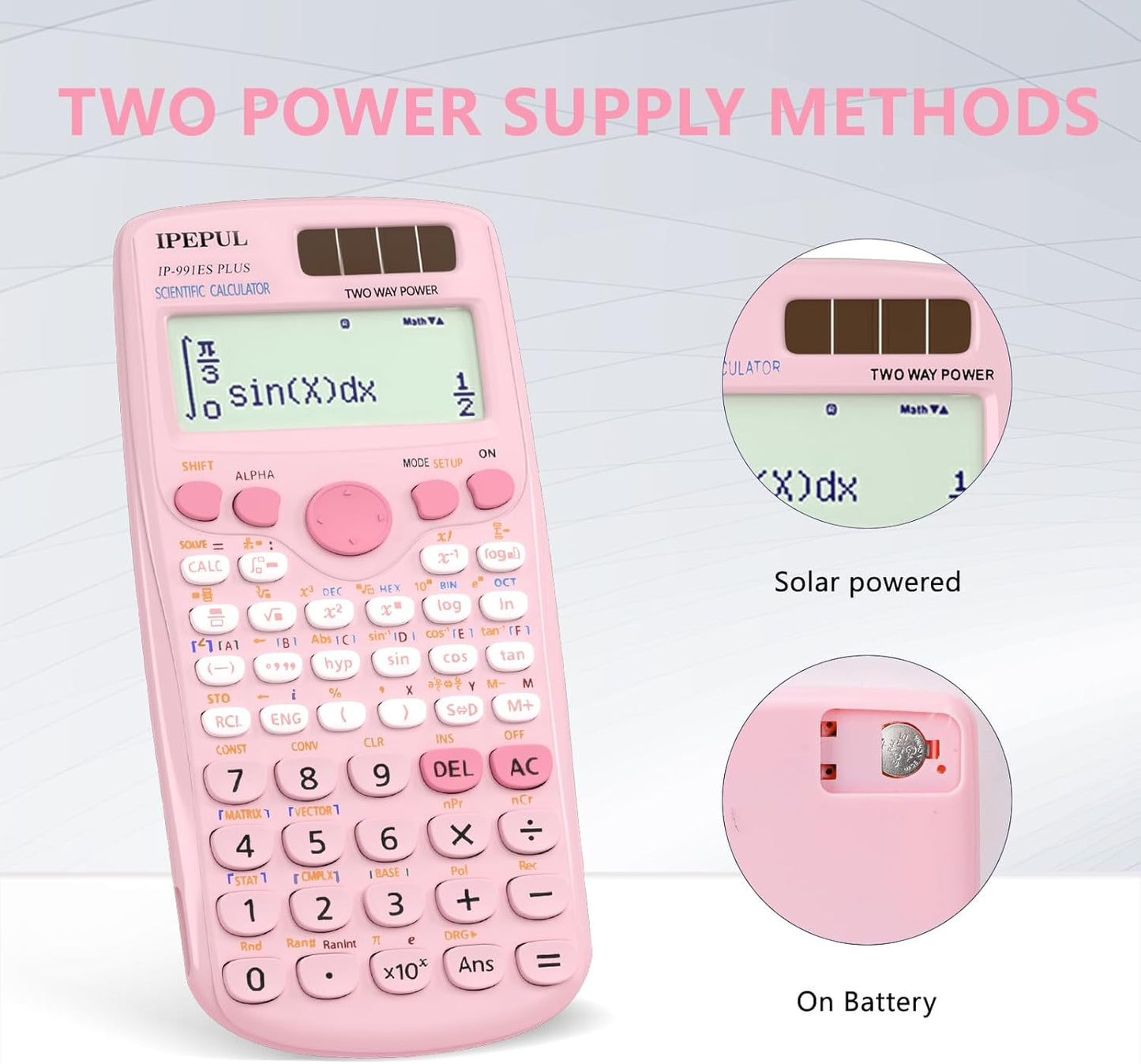 Scientific Calculators, IPepul Pink Math Calculator with 417 Function, Solar Battery Power and 4-Line Display, School Supplies for Middle High College Students Teachers (Pink 991ES Plus)