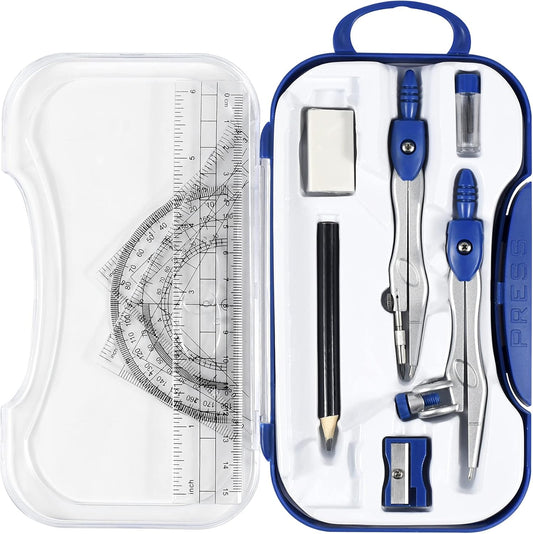 10 Pieces Math Geometry Kit Set Student Supplies with Shatterproof Storage Box,Includes Rulers,Protractor,Compass,Eraser,Pencil Sharpener,Lead Refills,Pencil,for School and Drawings(Navy Blue)