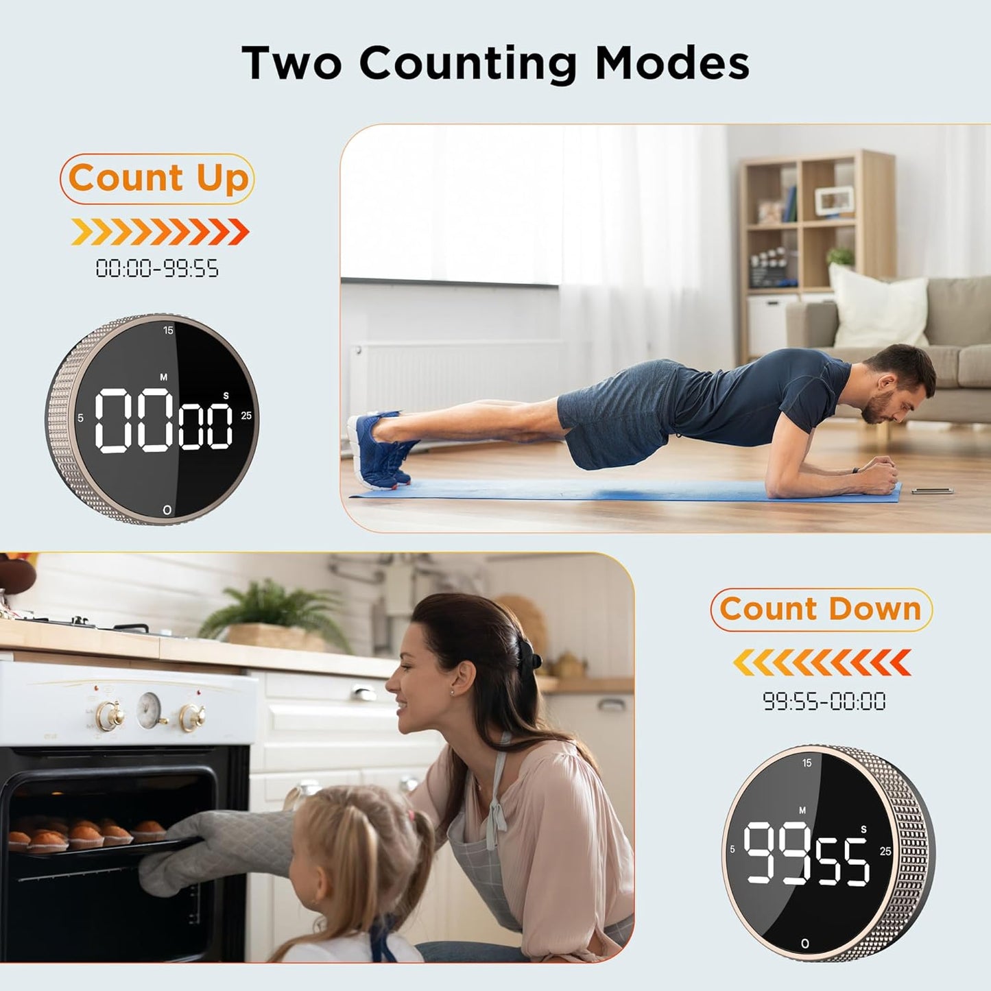Upgrade Digital Kitchen Timer - Magnetic Countdown Countup Visual Pomodoro Timer with Large LED Display, 3-Preset Times (5, 15, 25), 3 Volume Levels, Ideal for Cooking, Baking and Fitness (1, Tarnish)