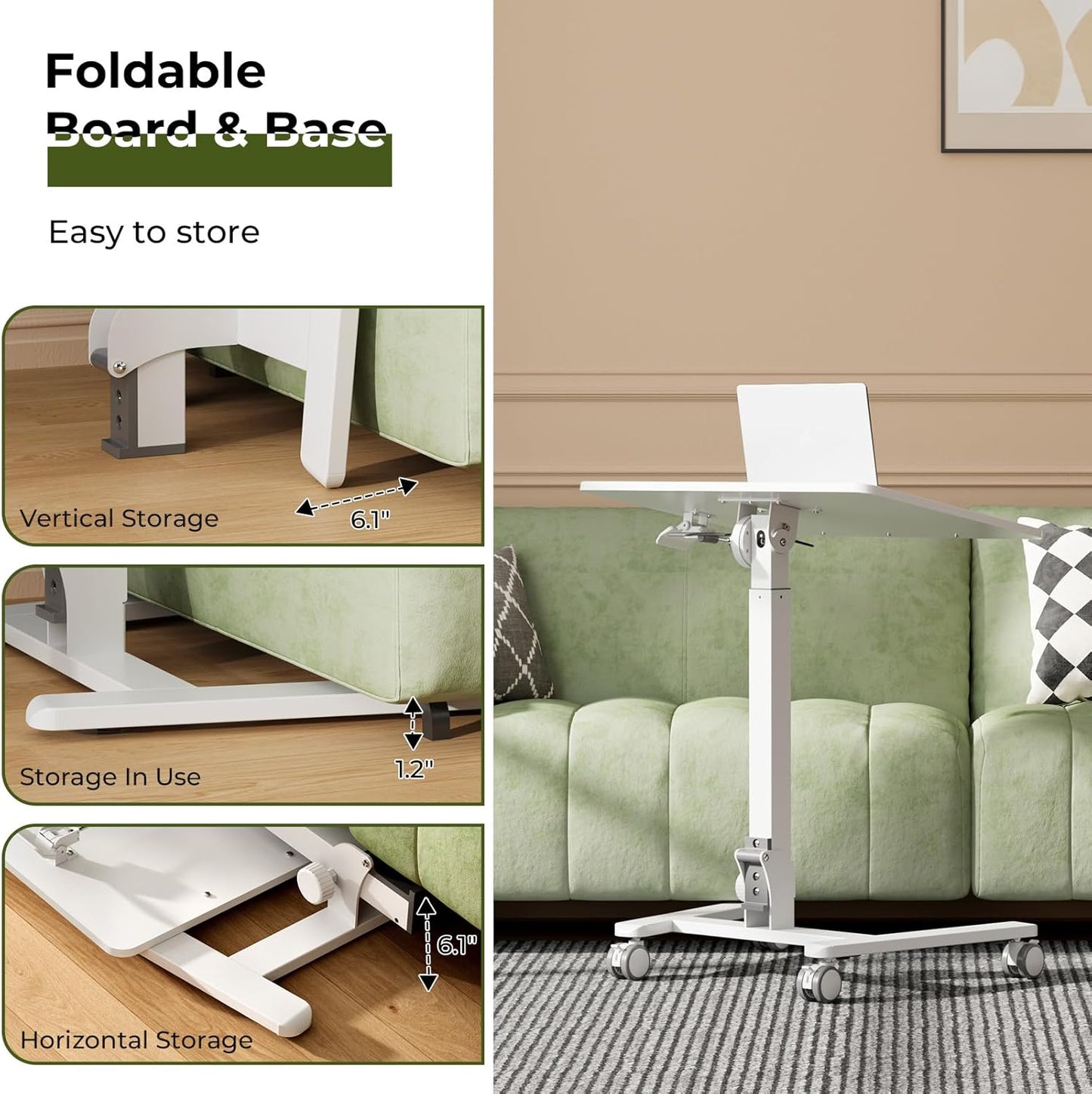 Foldable Standing Desk,Small Mobile Sit-Stand Desk with 90 Tiltable Top,Rolling Rising Laptop Workstation Adjustable Height,Portable Table on Hidden Wheels/4 Lockable Casters,White