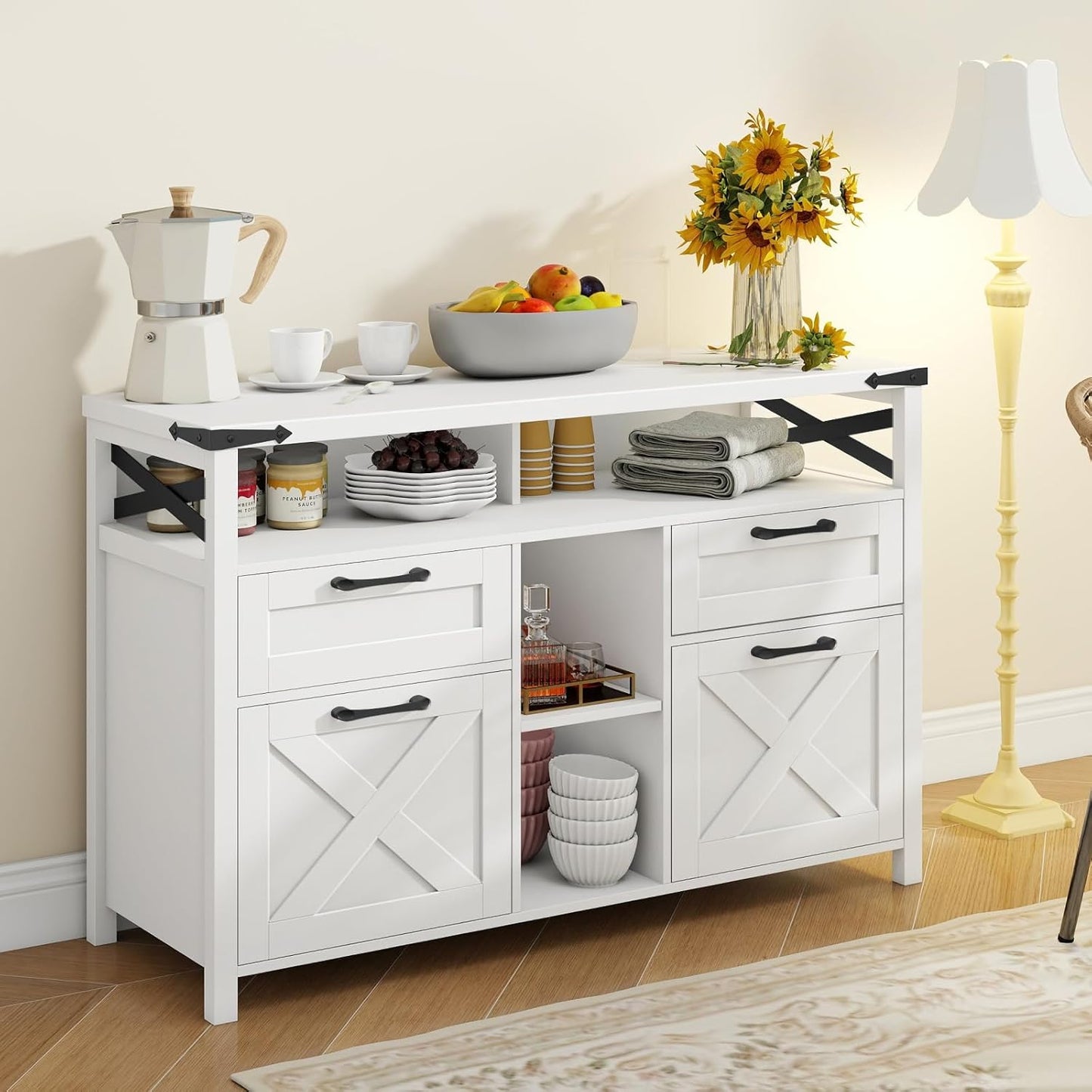 Farmhouse Filing Cabinet with Adjustable Shelf for Home Office, Lateral File Cabinets 4 Drawers with Open Storage Shelf, Filing Organization Storage Cabinets for Hanging Files Letter/A4.(White)