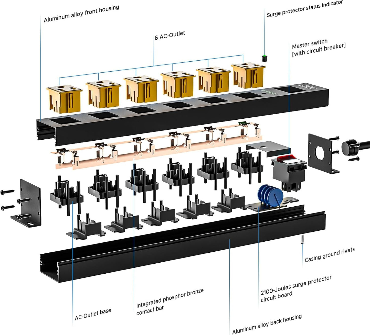 CRST 6 Outlet Surge Protector Power Strip 2100J with Switch, 15A/1875W Metal Heavy Duty Power Strip, Wide Spaced Wall Mount Power Bar for Garage Worshop Home School, 6 FT Cord( Black+Yellow)