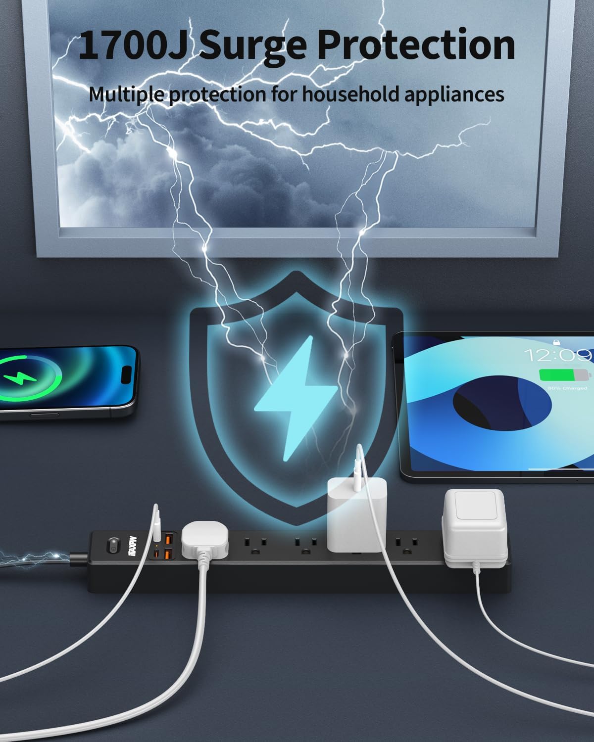 6 Ft Power Strip Surge Protector - 7 Outlets 4 USB Ports (2 USB C), Ultra Thin Flat Extension Cord & Flat Plug, 1700 Joules, Wall Mount, Desk Charging Station for Home Office Dorm, Black