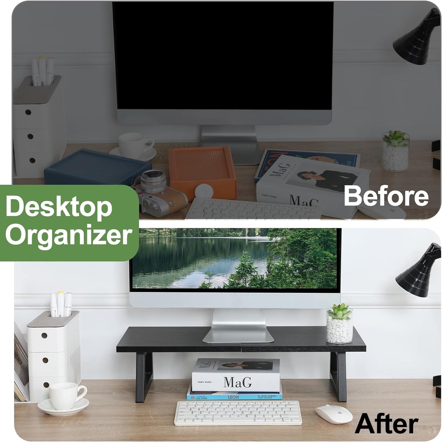 TEAMIX 24 inch Monitor Stand Riser, Black Wood & Steel Computer Monitor Stand with Storage, Laptop, PC, Printer Stand Riser for Desktop Office Desk Organizers