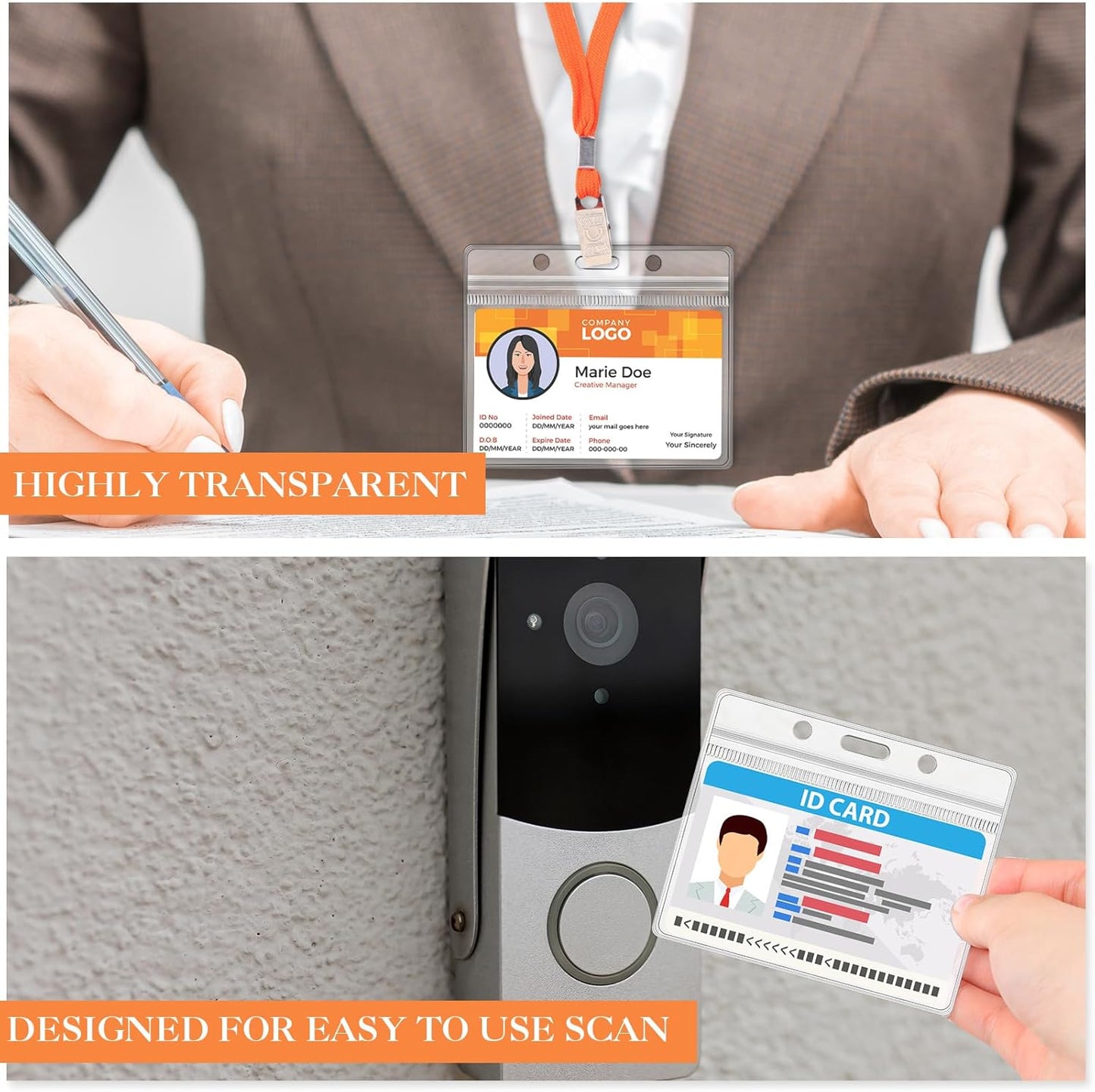 Marspark 50 Sets Clear Name Tags with Lanyard, Lanyards for ID Badges Reusable Strap with ID Holder Plastic Name Badges for Adults Business School Church Conference (Orange)