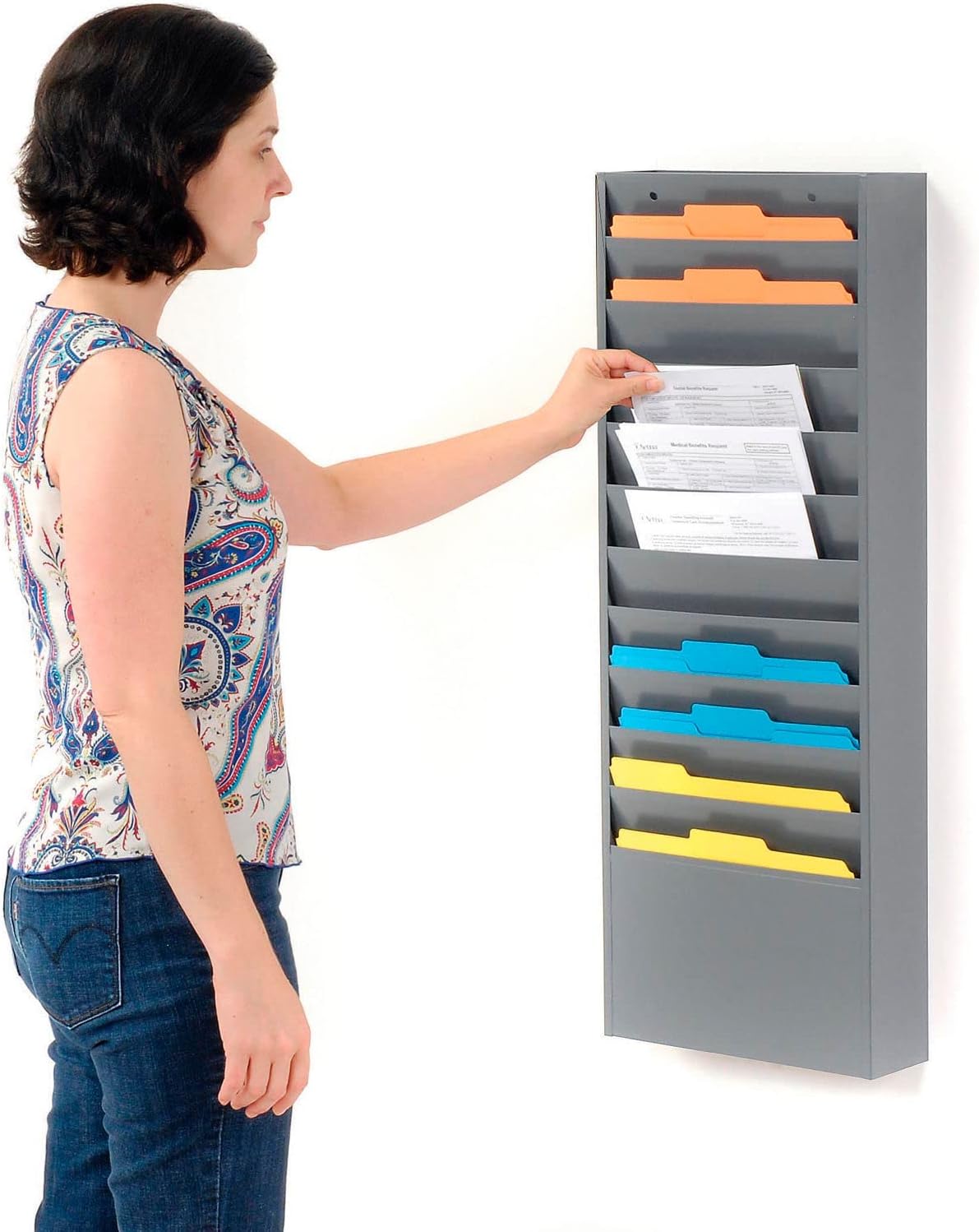 Global Industrial Steel Medical Chart Hanging Wall File Holder, 11 Pockets, Gray, Wall Mounted Magazine and File Folder Holder, 12-1/4"W x 8-3/8"H Pockets