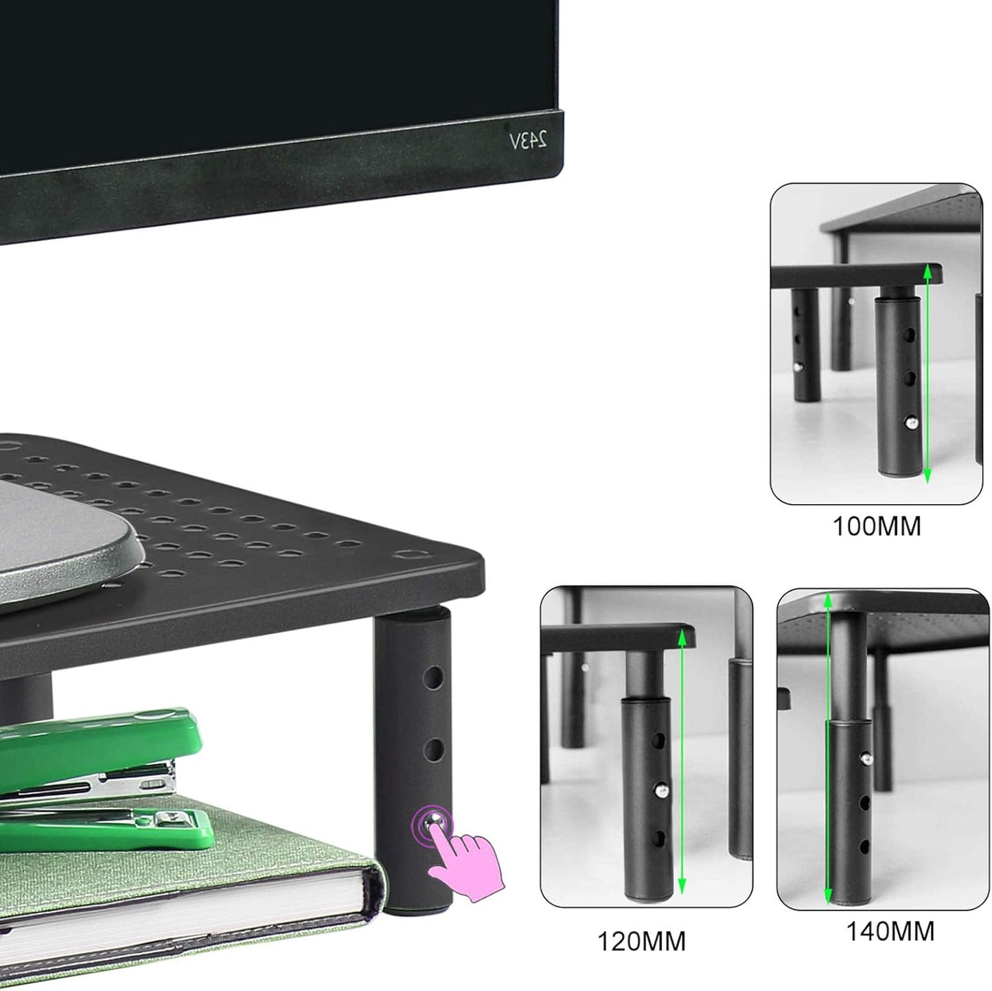 Bracwiser Monitor Stand Riser,3 Level Height Adjustable Desktop monitor stand for Computer, Laptop, Printer, Notebook with Vented Metal Platform 370X235MM 2 Packs,Black