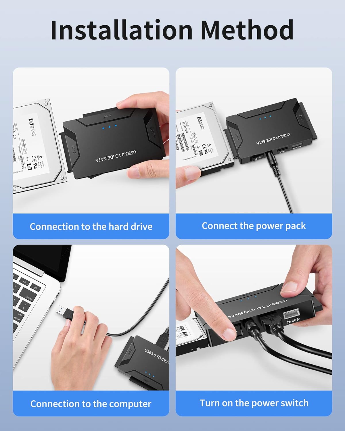 POSUGEAR USB 3.0 to IDE/SATA Adapter, External Hard Drive Reader, Universal 2.5"/3.5" HDD/SSD Converter, 12V/2A Power Adapter