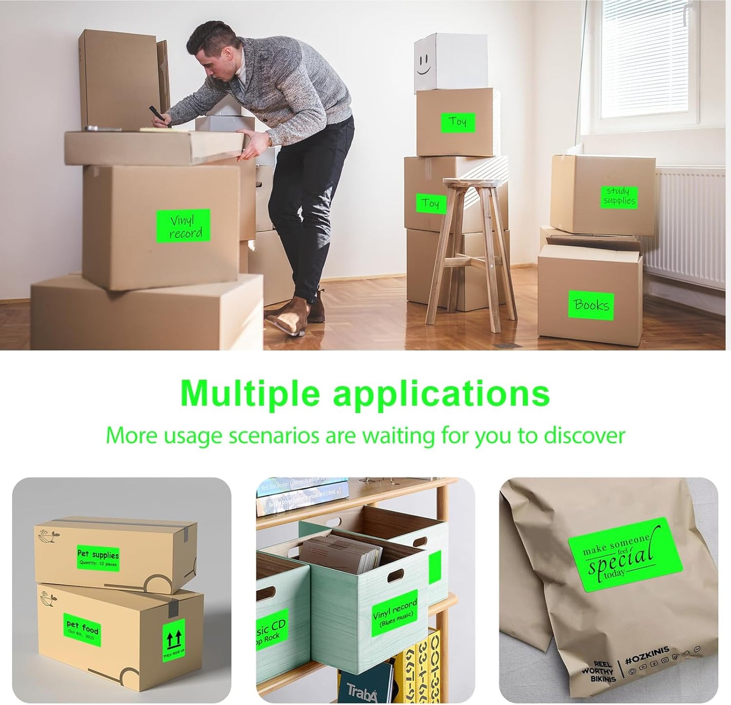 3 X 5 Inch Printable Waterproof Rectangle Color Coding Labels, 300 Per Roll Adhesive Color Coding Stickers for Bar-Codes, Address, Small Business Labeling, Inventory, Fluorescent Green