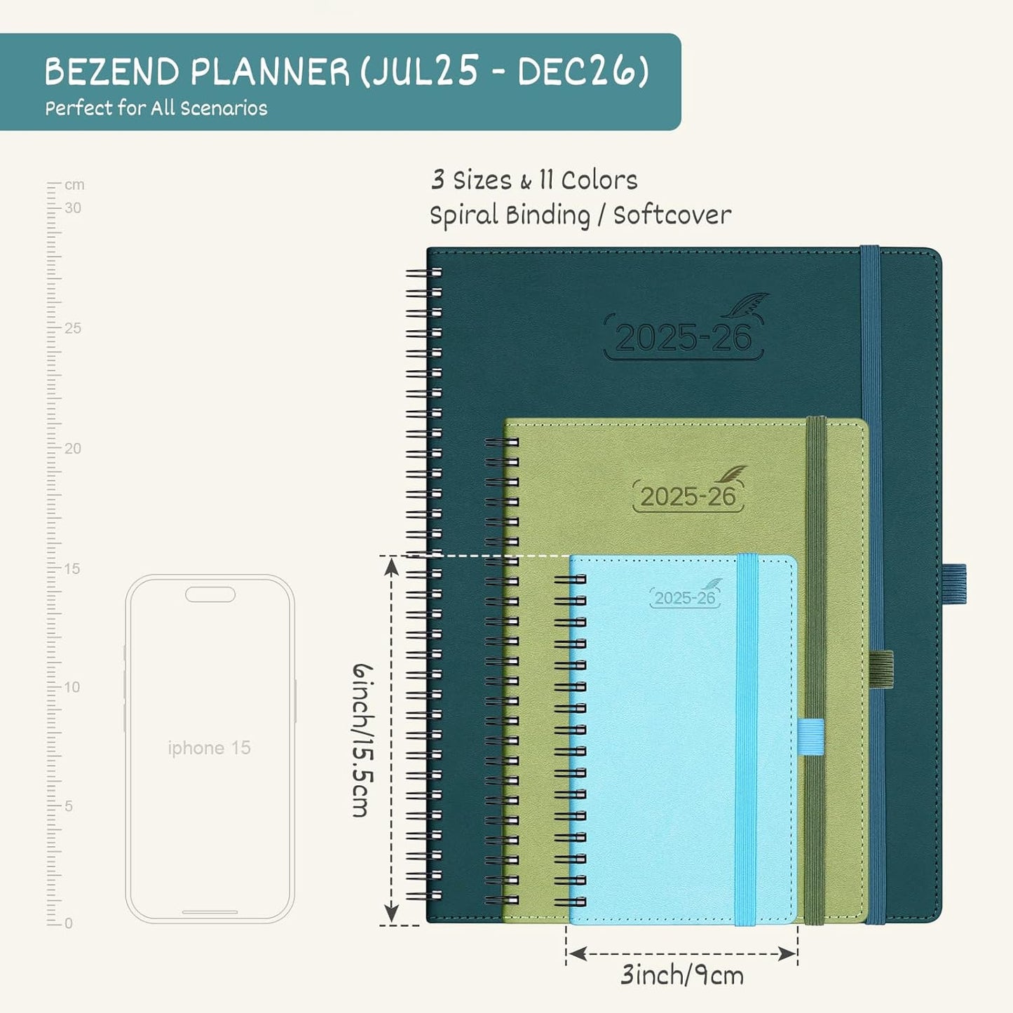 BEZEND Pocket Planner 2025-2026 Weekly and Monthly, 3.5" x 6" Academic Planner (Jul 25-Dec 26) 18-Month Mid-Year Calendar Book, Storage Pocket, Pen Holder, PU Leather Softcover, Spiral - Turquoise