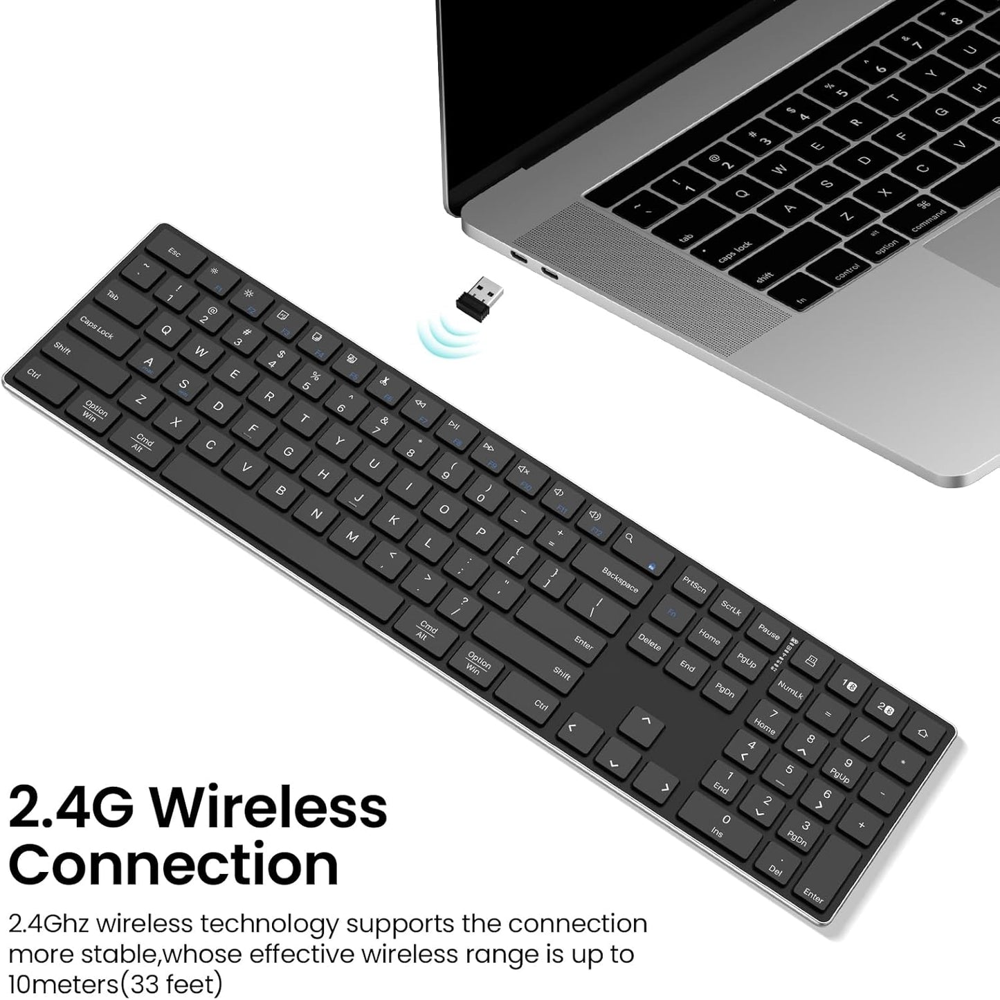 2.4G Wireless and Bluetooth Keyboard with Numeric Keypad, Multi-Device, Rechargeable, Compatible with Mac, Windows (Black)