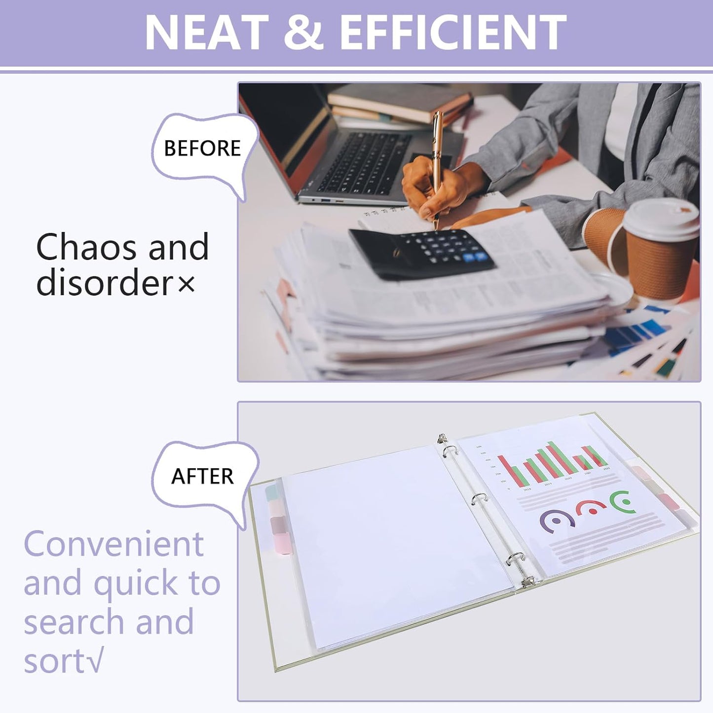 8 Set of 64 Pack Clear Binder Sheet Protectors for 3 Ring Binder Plastic Page Protector with 8 Tabs,Insertable Index Page Divider 8.5x11 Inch(Morandi Colors)