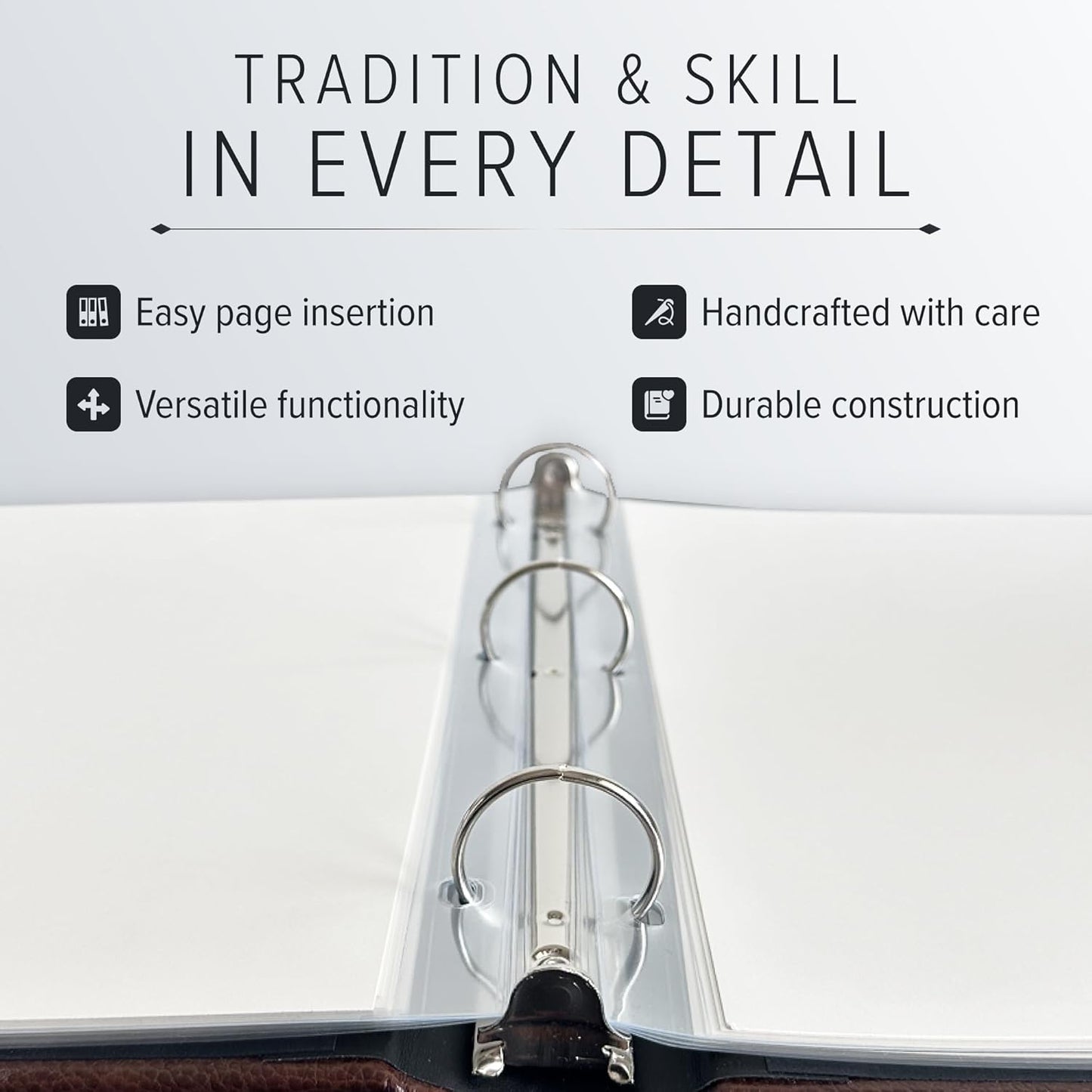 Gallery Leather 3 Ring Binder with Plastic Sleeves, Includes 10 Sheets, Sheet Size: 8.5" x 11" - Presentation Binder Rings with Window and Hubbed Spine, Thick: 0.75" Freeport Black