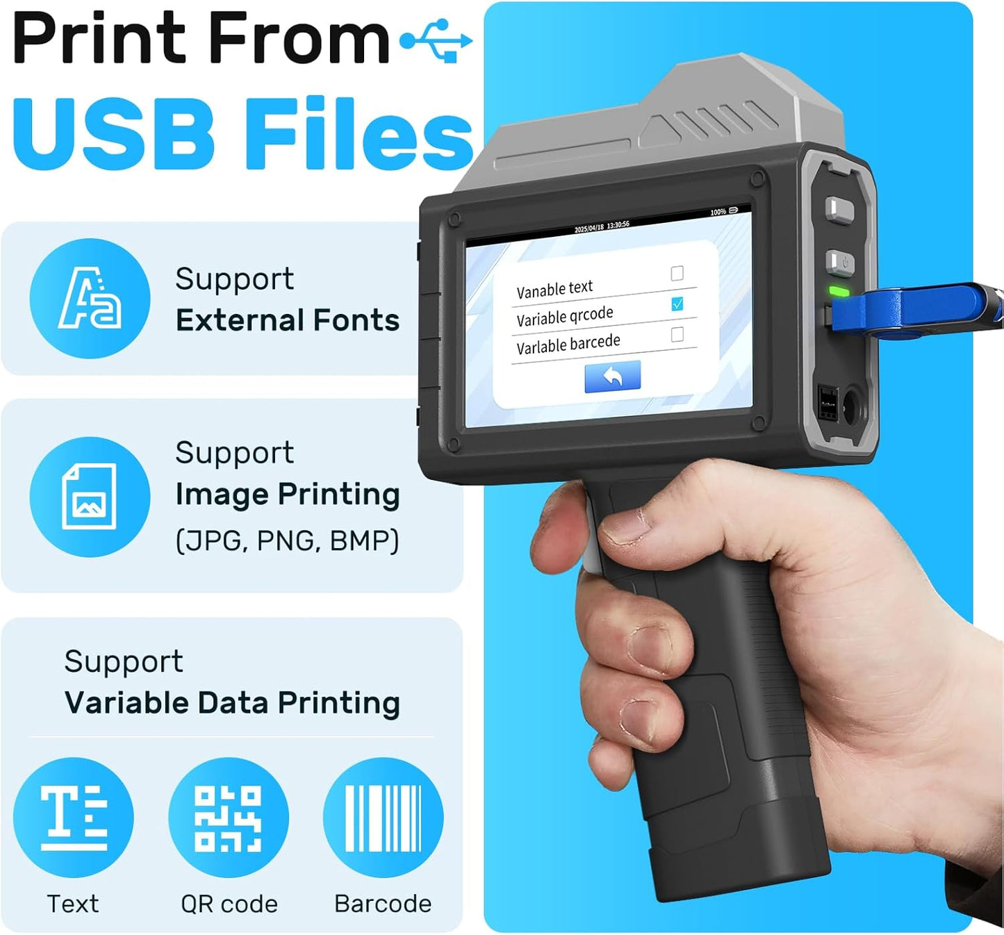 BENTSAI Handheld Inkjet Printer BT-HH6210BL 1 Inch Printhead Date Coder with 42ml Fast Dry Ink for Batch Number Expiry Date QR Code Barcode Logo on Any Surfaces to Use on Conveyor Line for Auto Print