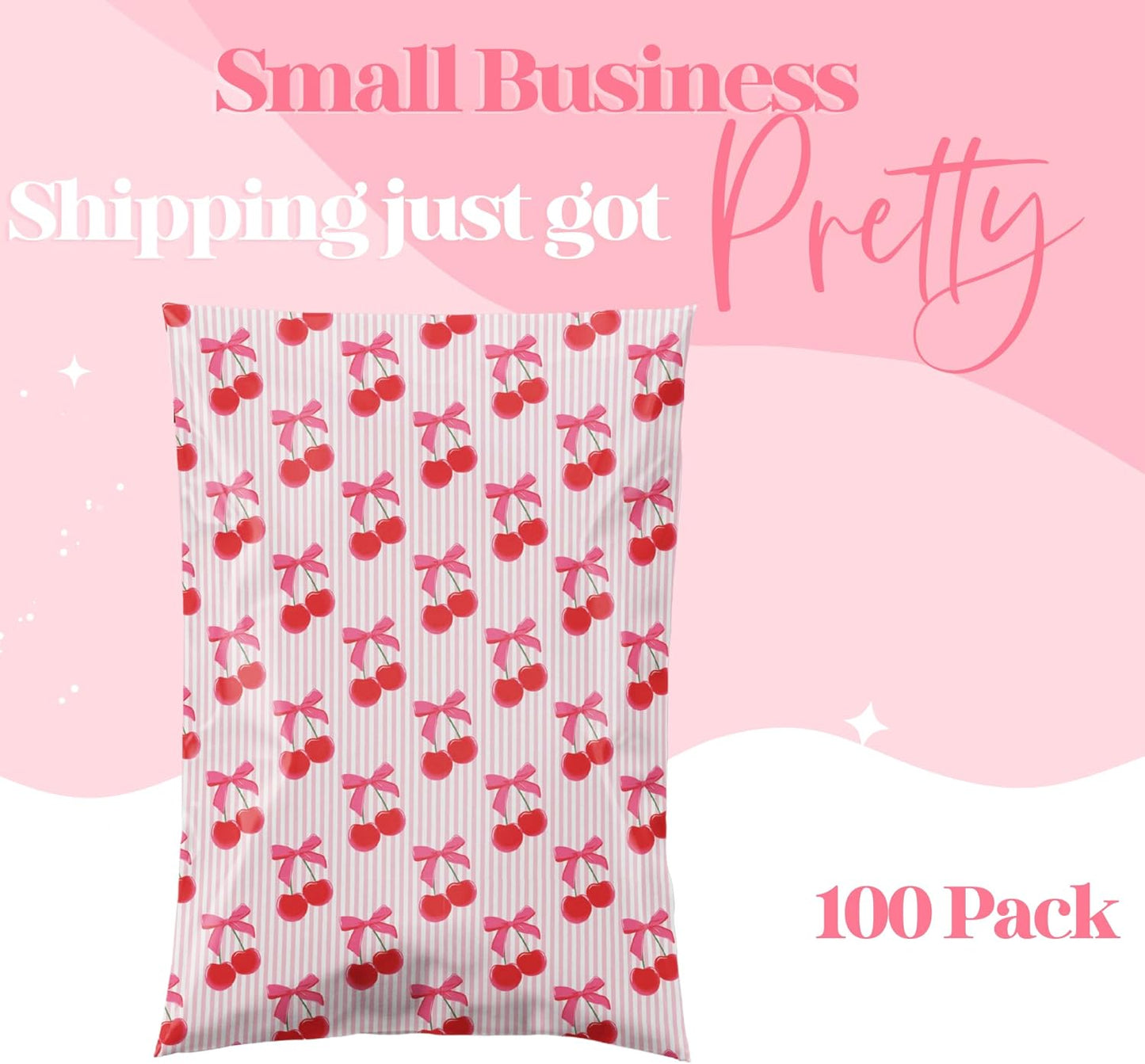 10x13 Designer Poly Mailer 100 Pack Heavy Duty Waterproof Self Seal Shipping Bags for Small Business Large Mailing Envelopes Bulk Tear Resistant Packaging Pink Stripe Cherry Fruit