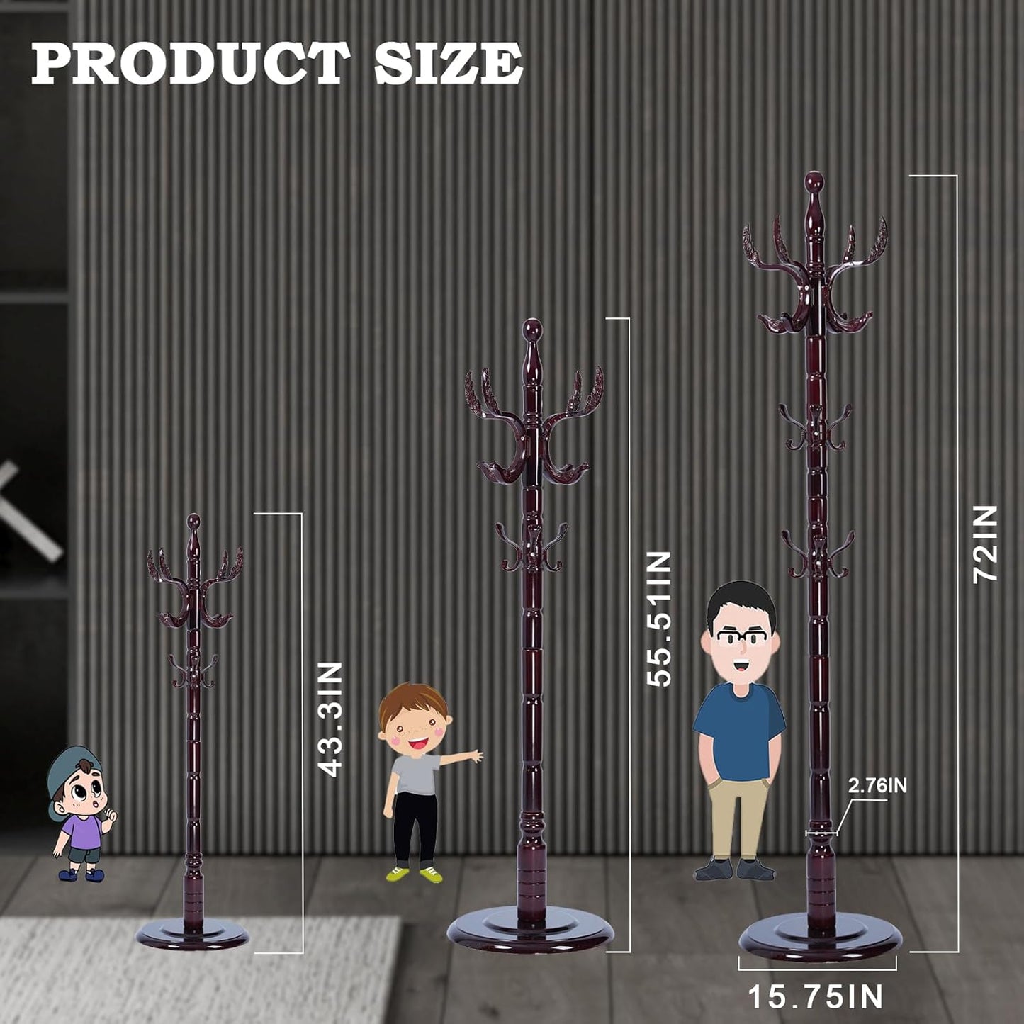 Coat Racks FreeStanding with 14 Hooks, Natural Wood Coat Rack with Solid Round Base, Adjustable Height Coat Racks, Easy Assembly for Hallway, Bedroom and Office (Solid Wood Fenghuang Gou)