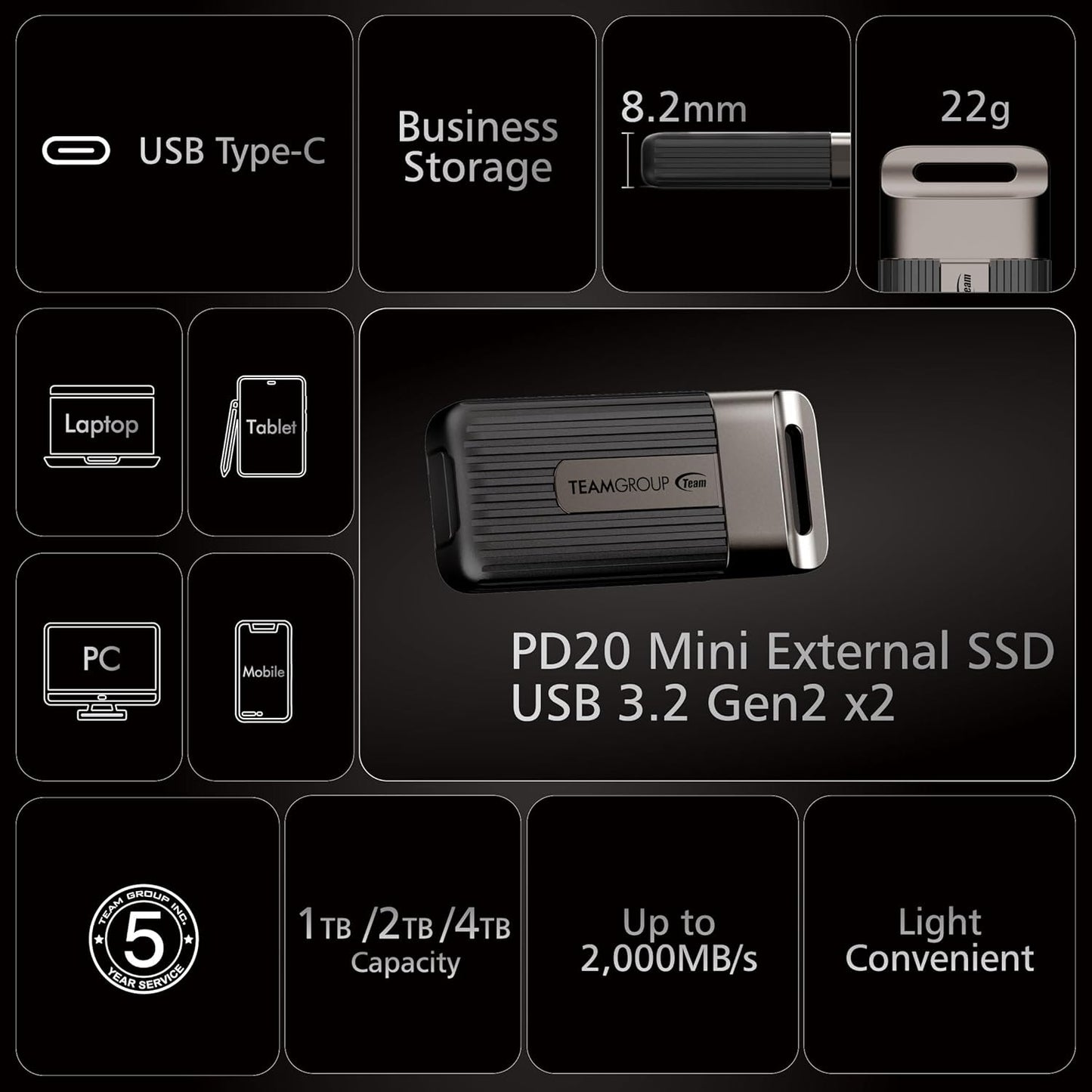 TEAMGROUP PD20 1TB Portable External Solid State Drive SSD Read up to 2000MB/s USB 3.2 Gen2x2 Type-C Waterproof Dustproof IP54 TPSEG5001T0C102