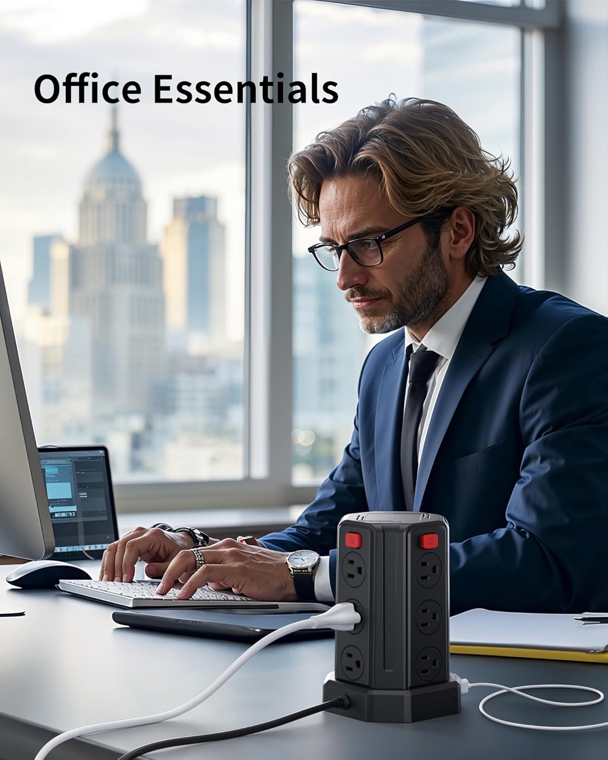 Power Strip Surge Protector, 6.5 Ft Extension Cord with 12 AC Multiple Outlets 4 USB (1 USB C), SMALLRT Power Tower Desktop Charging Station (Black, 6.5 Ft)