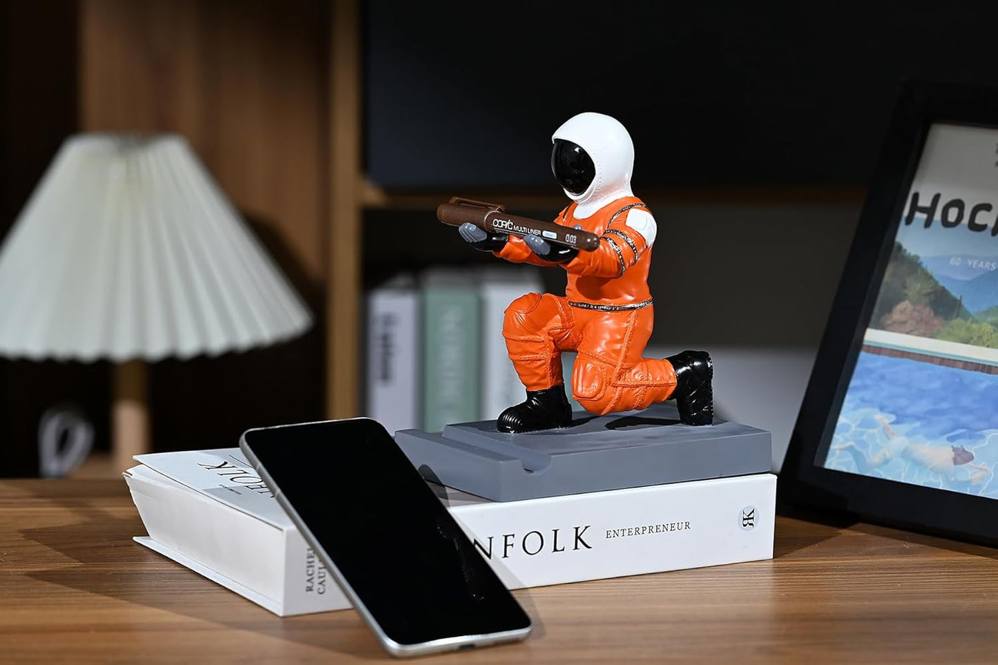 Astronaut Resin Pen Holder, Mobile Phone Stand, Device Stand, Desk Organizer Decorative Pen Holder (Orange&Black)