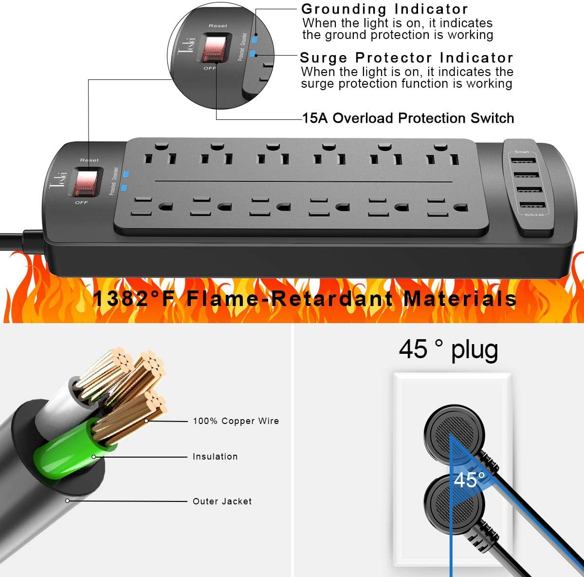 Power Strip, Tcstei Surge Protector with 12 Outlets and 4 USB Ports, 10 Feet Extension Cord (1875W/15A) for Home, Office, Dorm Essentials, 2700 Joules, ETL Listed, Black