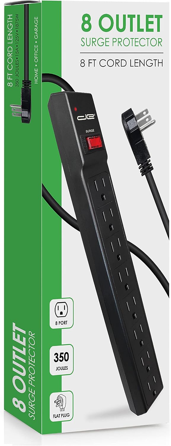 Digital Energy 8 Outlet Surge Protector Power Strip - 15 AMP, 1875 W, 125 V, 350 J Surge Protection, ETL Listed - Flat Plug, Black, 8 FT