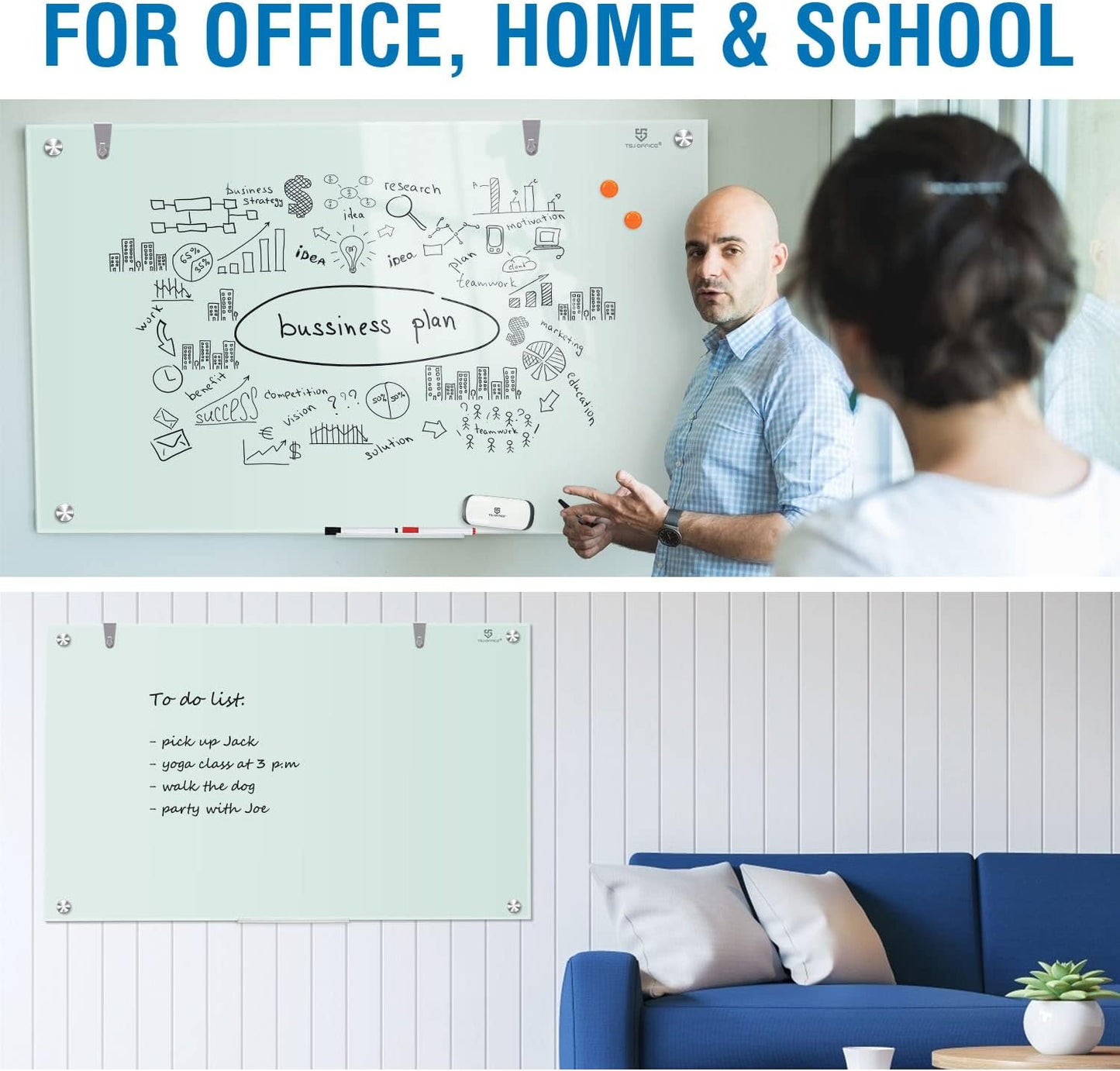 TSJ OFFICE Glass Dry-Erase Board - 48 x 32 Inches Wall Mounted Glass Magnetic Whiteboard, Large Frameless White Board for Office, Home & School
