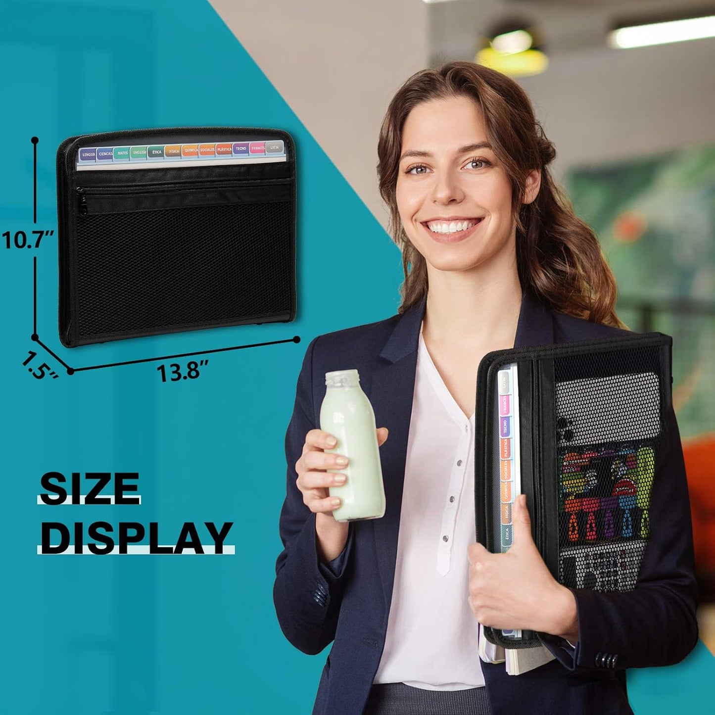 H4D Zippered Accordion File Organizer with Front Mesh Pouch, 13 Pocket Expanding File Folder, Fit for Documents Letter Size A4 Papers, Black