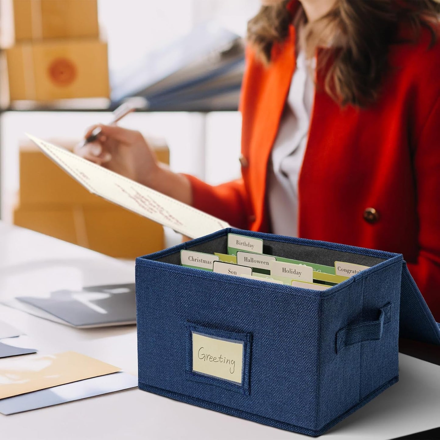 Vienrose Greeting Card Organizer Storage Box with 20 Removable Dividers, 84 Self-stick Labels, Perfect for Photos, Envelopes, Scrapbooking, Paper, Stickers Holder 1 Pack Navy