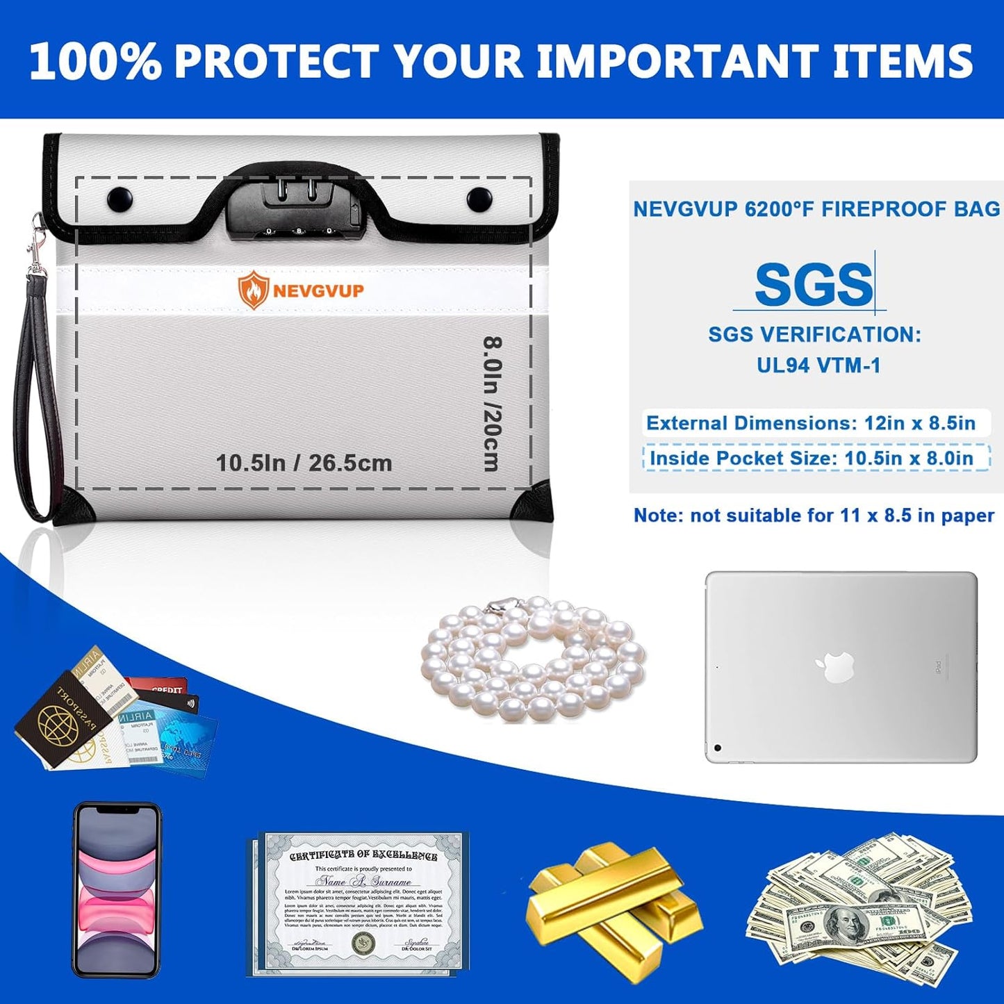 Upgraded 6200°F Fireproof Money Bag with Lock, Fireproof Bag w. Zipper/Reflective Strip, 9 Layers of Heat Insulated Material, Water Resistant Fire Proof Money Bag for Cash, Fire Bag for A5 documents