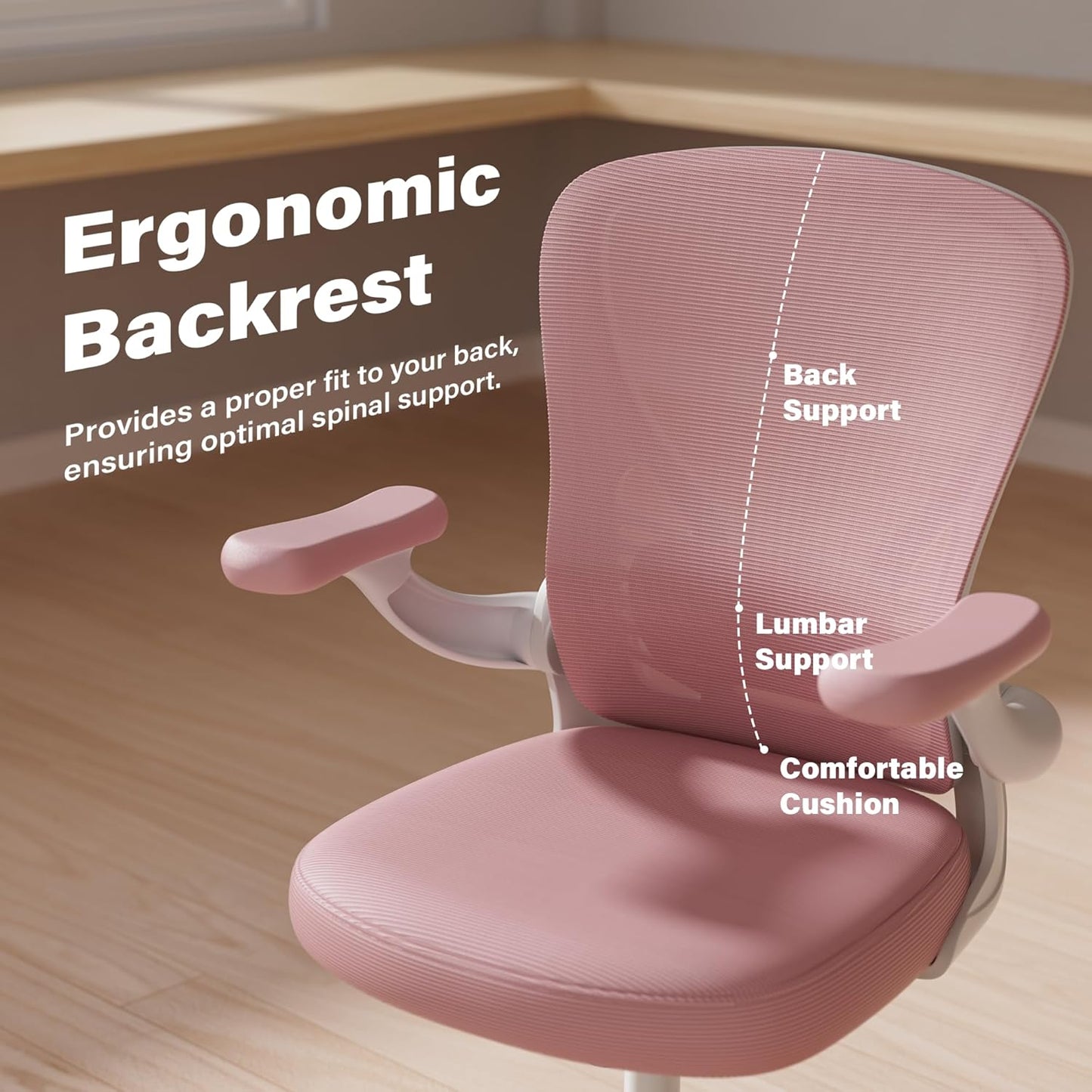 GYI Computer Desk Chair, Ergonomic Office Desk Chairs with Mesh Back, Adjustable Lumbar Support, Height, 3D Flip-up Arms, Wheels, Rocking Function (Pink)