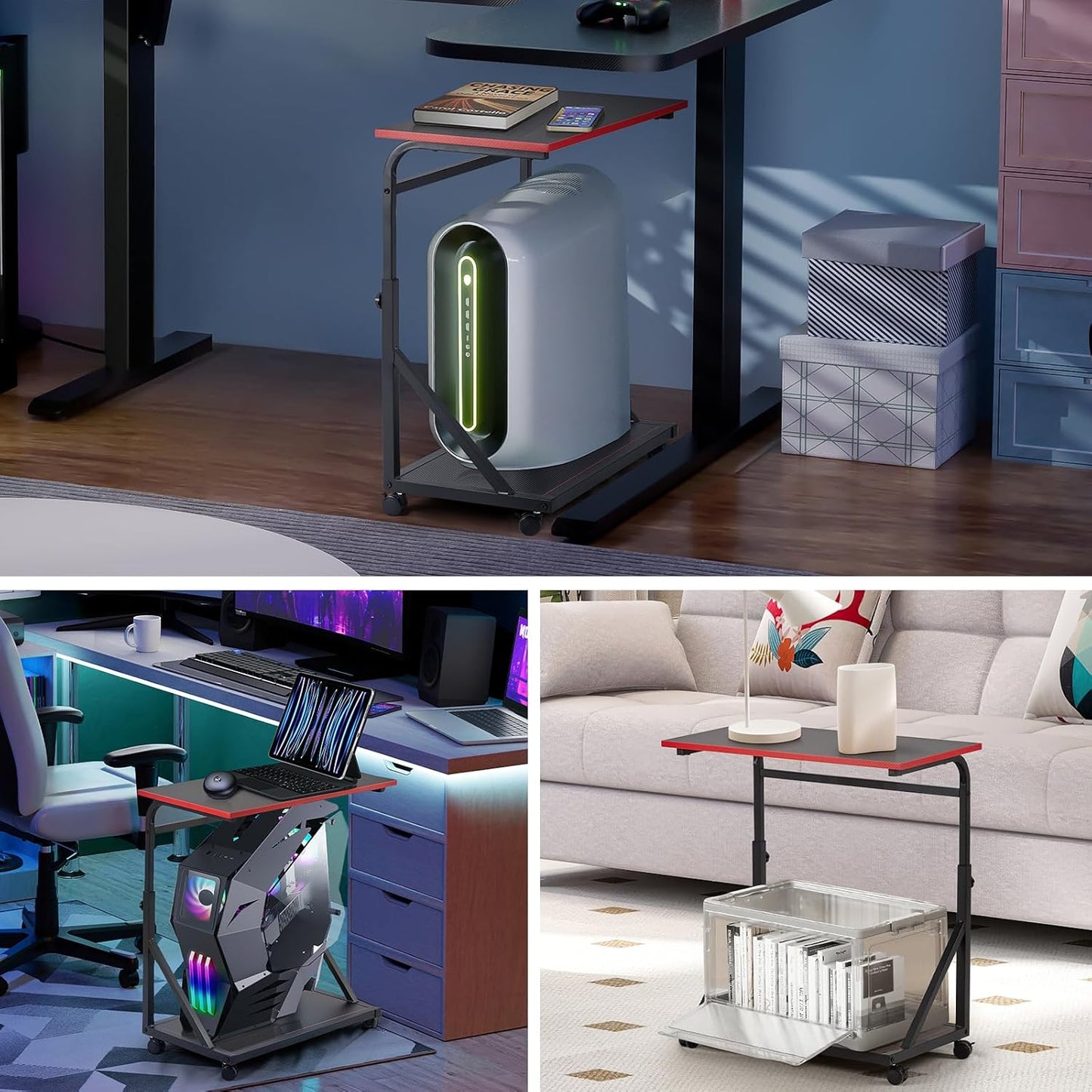 Ergonomic Height Adjustable Computer Tower Stand, 2-Tier CPU Holder Cart Under Desk, PC Floor Stand for Office Gaming Black and RED