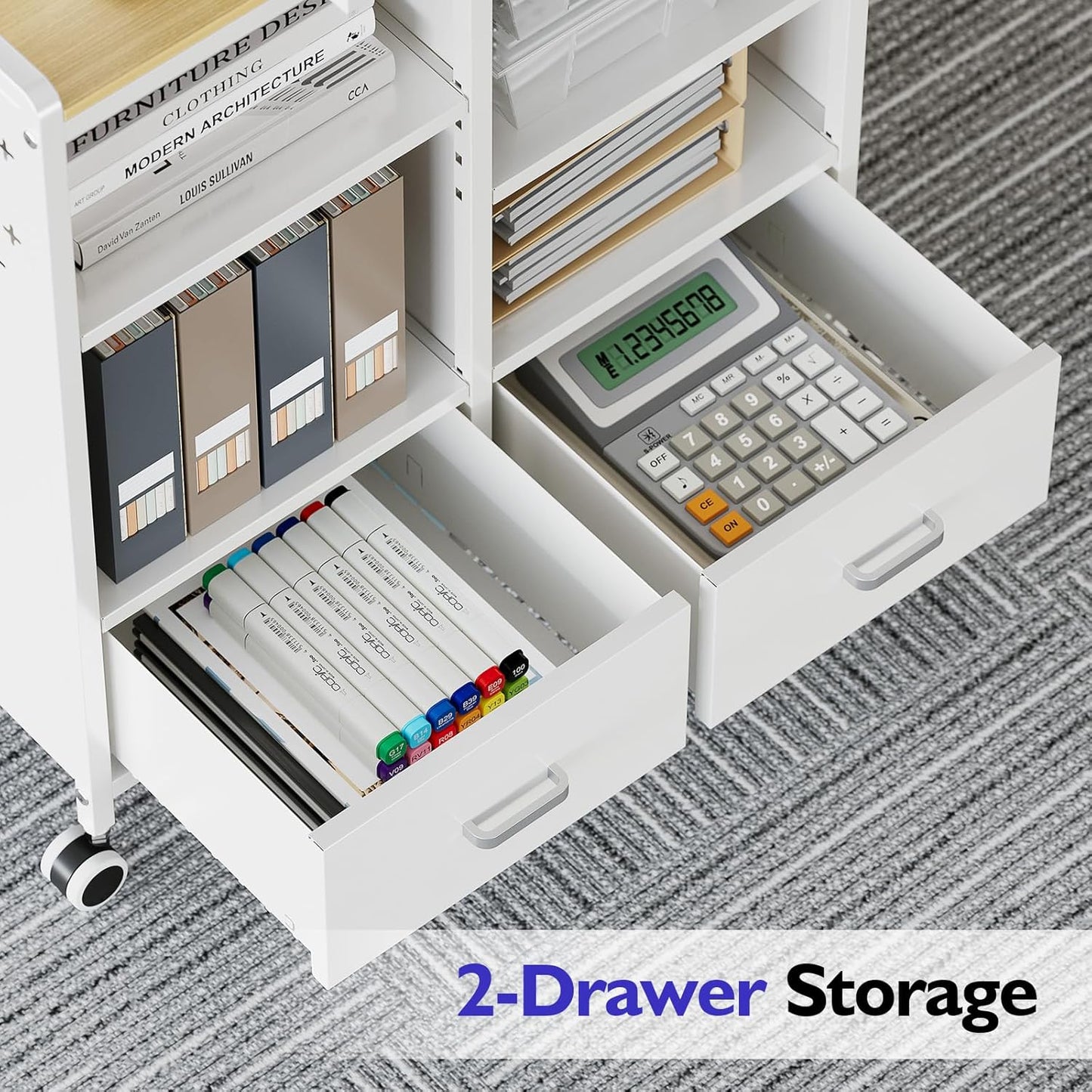 TOOLF 2-Drawer Mobile File Cabinet with Wheels, MDF Wooden Panel Printer Stand with Adjustable Shelves, 2 Storage Bins & 4 Hooks, Home Office Organization, White