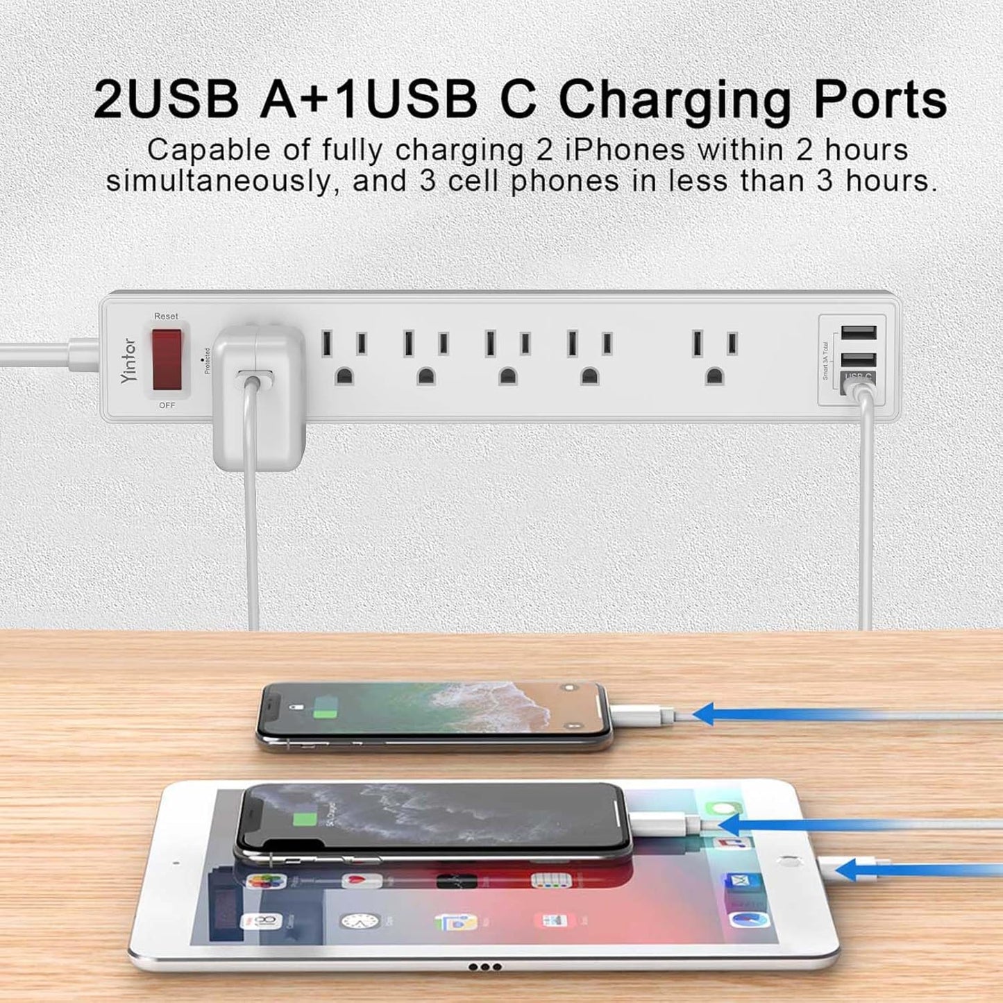 10 Ft Power Strip Surge Protector - Yintar Extension Cord with 6 AC Outlets and 3 USB Ports for Home, Office, Dorm Essentials, 1680 Joules, ETL Listed, White